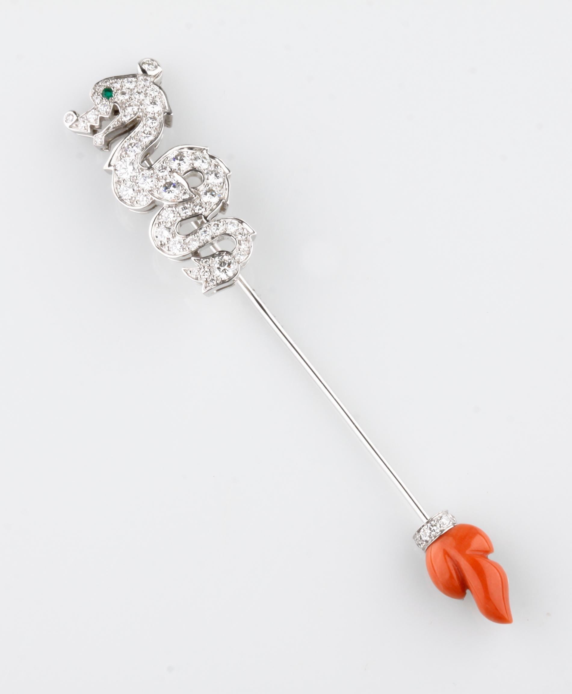 Cartier Dragon Jabot Pin 1.75 carat Diamond Emerald & Coral in 18k White Gold In Excellent Condition In Sherman Oaks, CA