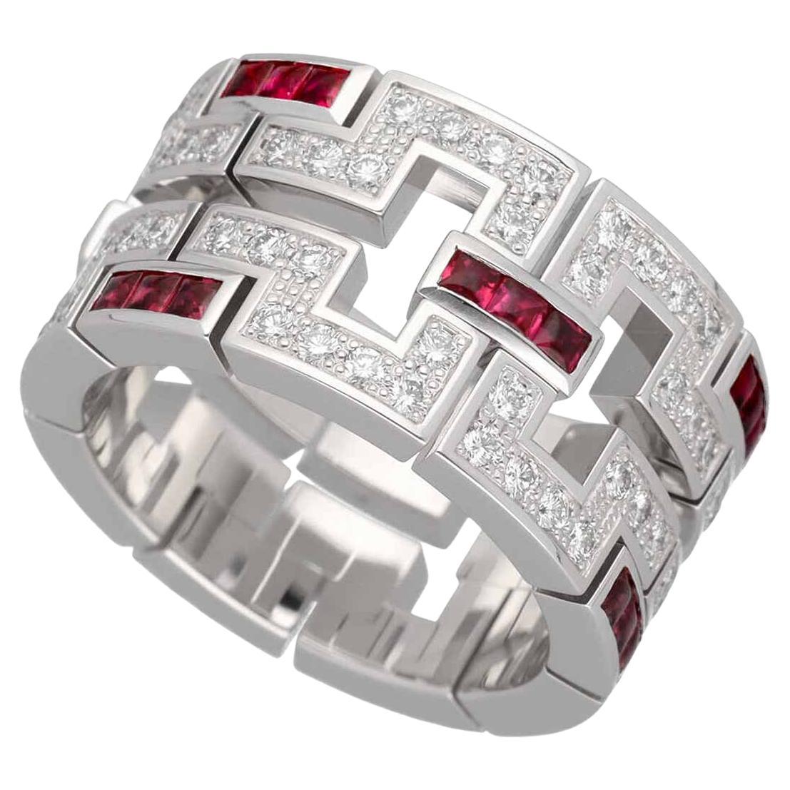 Cartier Dragon Padlock Diamonds Ruby 18K White Gold Ring US 5 3/4