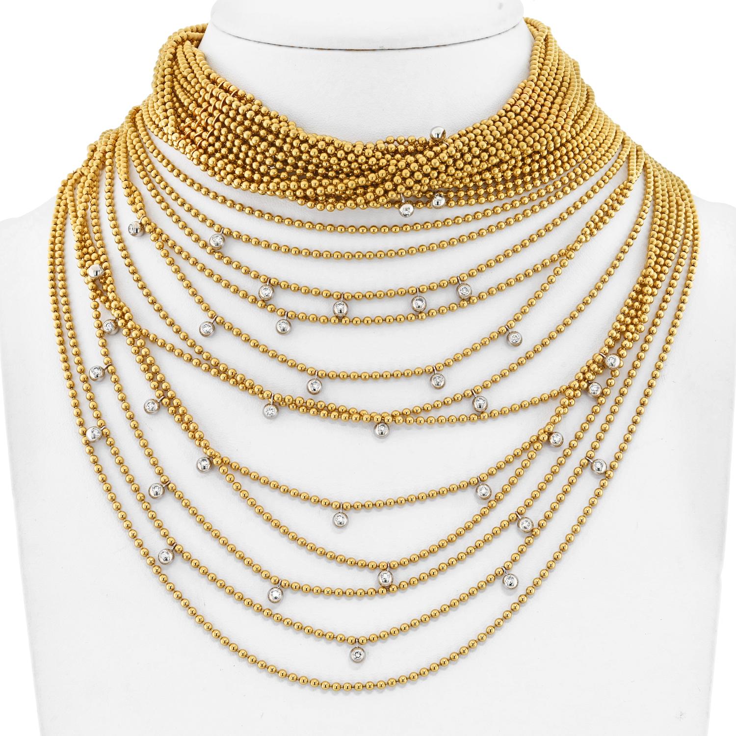 Cartier Draperie De Decollete 18K Yellow Gold Necklace of 34 Rows of Beads.

Just in time for the holidays this exclusive and rare Cartier Draperie De Decollete multi-strand diamond drops necklace.
Purchase this staple of a jewel before it's
