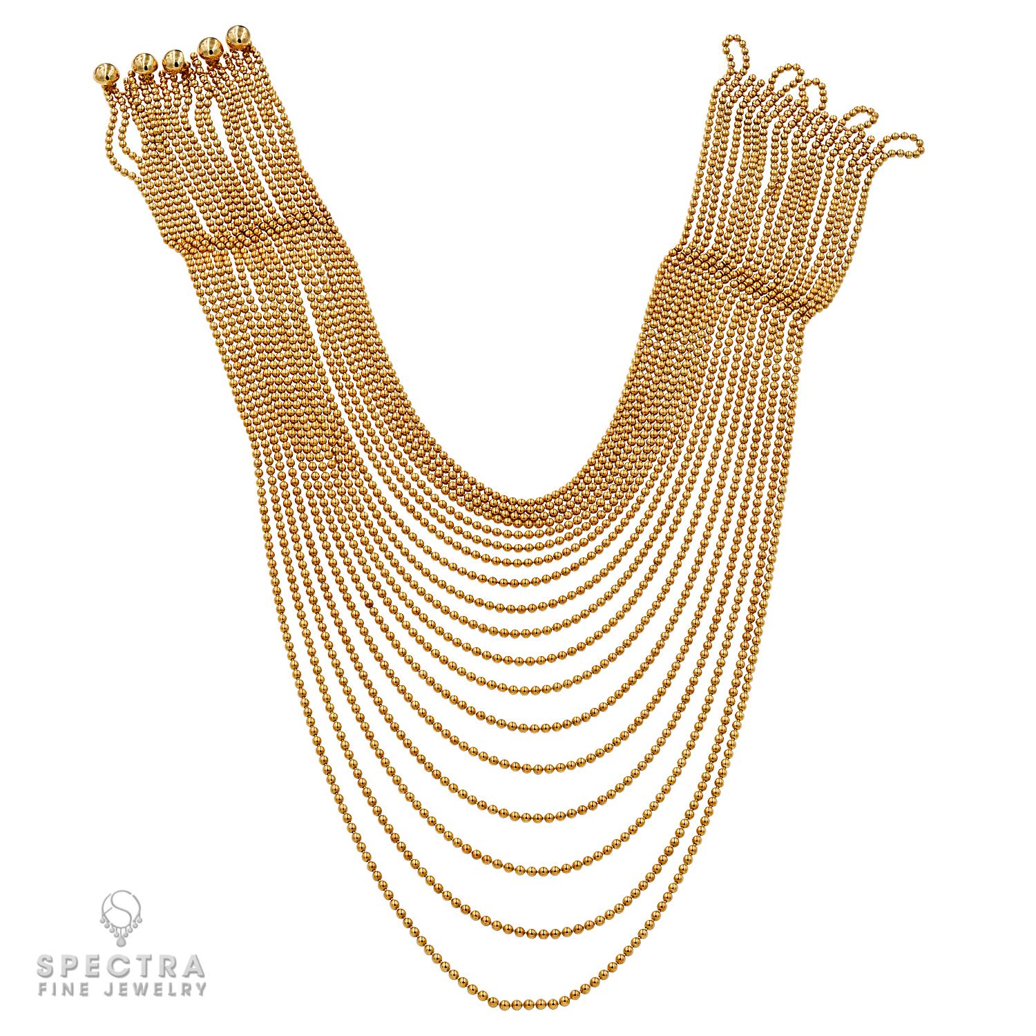 This Cartier multi-strand gold necklace is as versatile as it is stunning. With nearly 20 strands delicately cascading over your décolletage, it's the epitome of elegance. Plus, it features a unique button closure clasp made of five golden buttons,