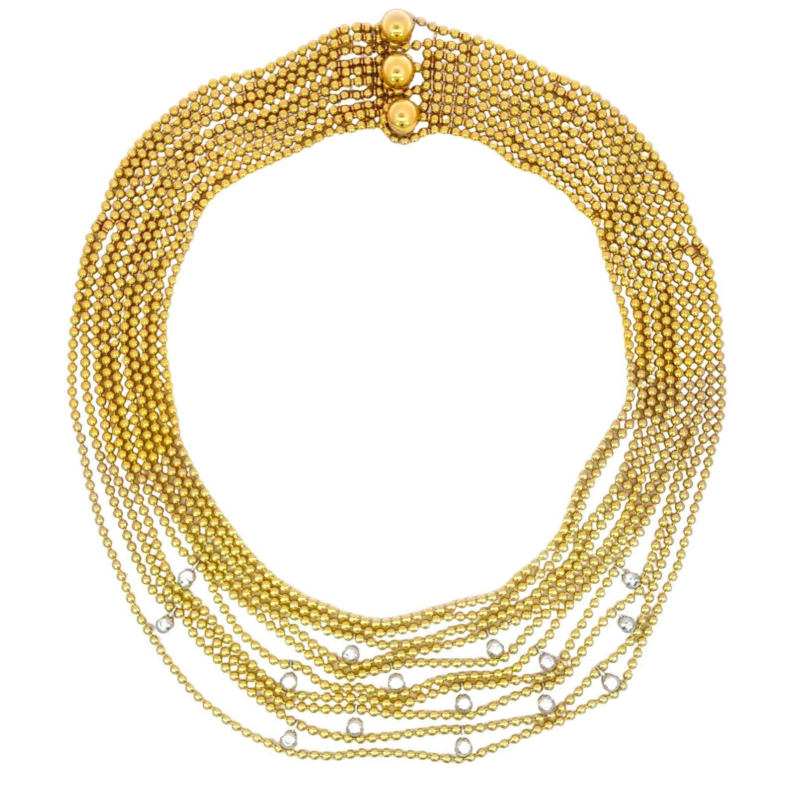 Cartier Draperie Collana di diamanti a 10 file in oro giallo 18 carati con scatola

Questa rara collana Cartier Draperie degli anni '80 esemplifica l'attitudine della Maison per un design audace ma elegante. Composto da dieci file fluide di oro
