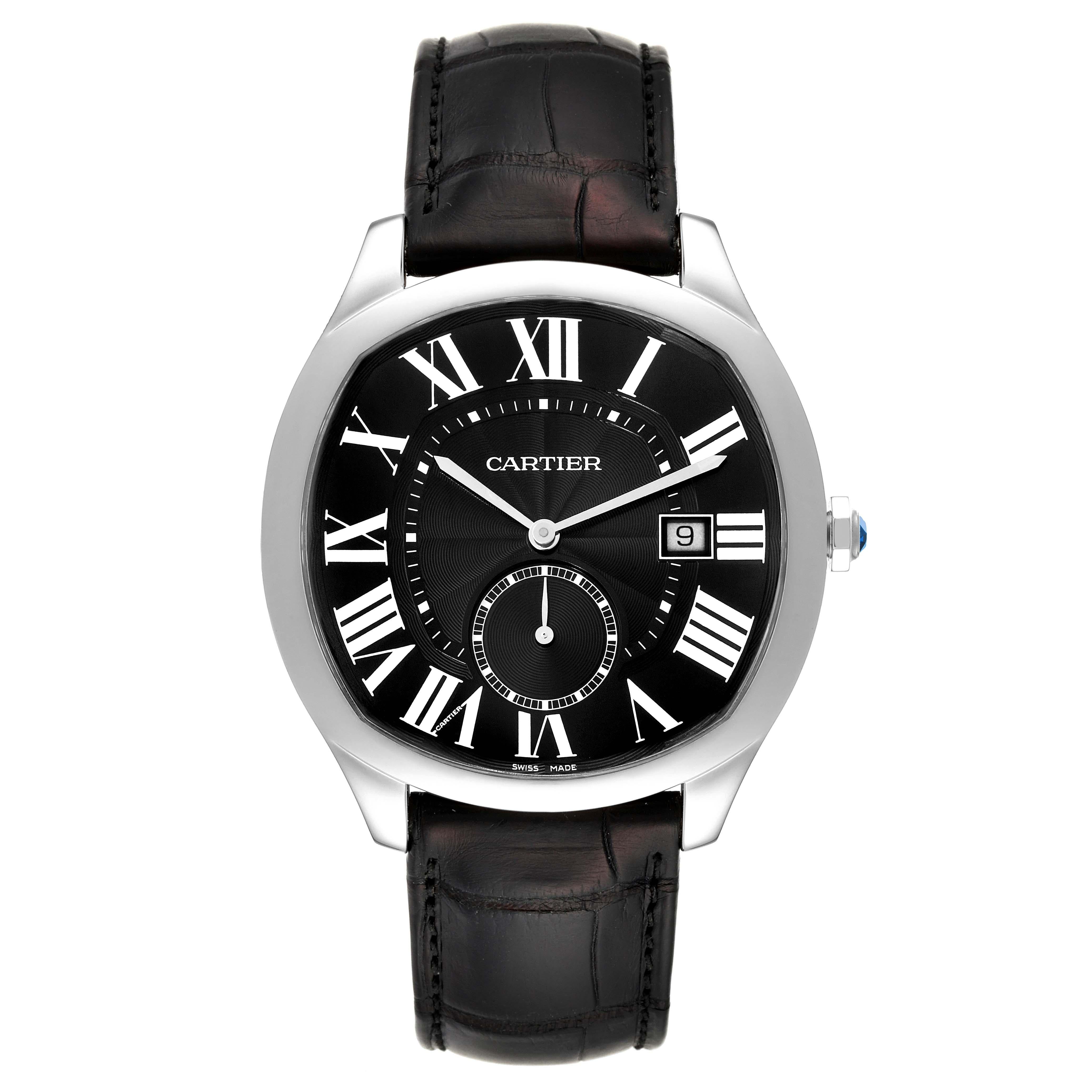 Cartier Drive Black Dial Steel Mens Watch WSNM0009. Automatic self-winding movement. Cushion shape stainless steel case 40.0 mm in diameter. Crown cover with faceted blue spinel. Exhibition transparent sapphire crystal caseback. Stainless steel