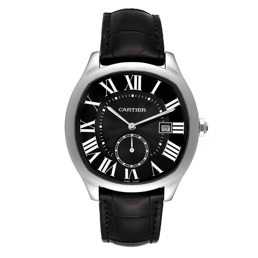 Cartier Drive de Cartier Black Dial Steel Mens Watch WSNM0009. Automatic self-winding movement. Cousion shape stainless steel case 40.0 mm in diameter. Crown cover with faceted blue spinel. Exhibition transparent sapphire crystal case back.