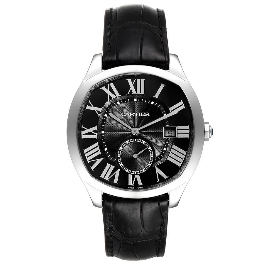 Cartier Drive de Cartier Black Dial Steel Mens Watch WSNM0009 Unworn. Automatic self-winding movement. Cousion shape stainless steel case 40.0 mm in diameter. Crown cover with faceted blue spinel. Exhibition transparent sapphire crystal case back.