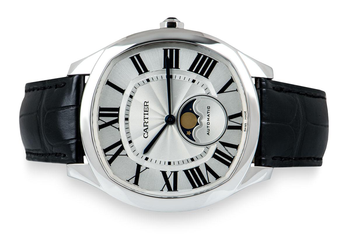 Cartier Drive De Cartier Moon Phases Stainless Steel Silvered Flinque Dial In Excellent Condition In London, GB