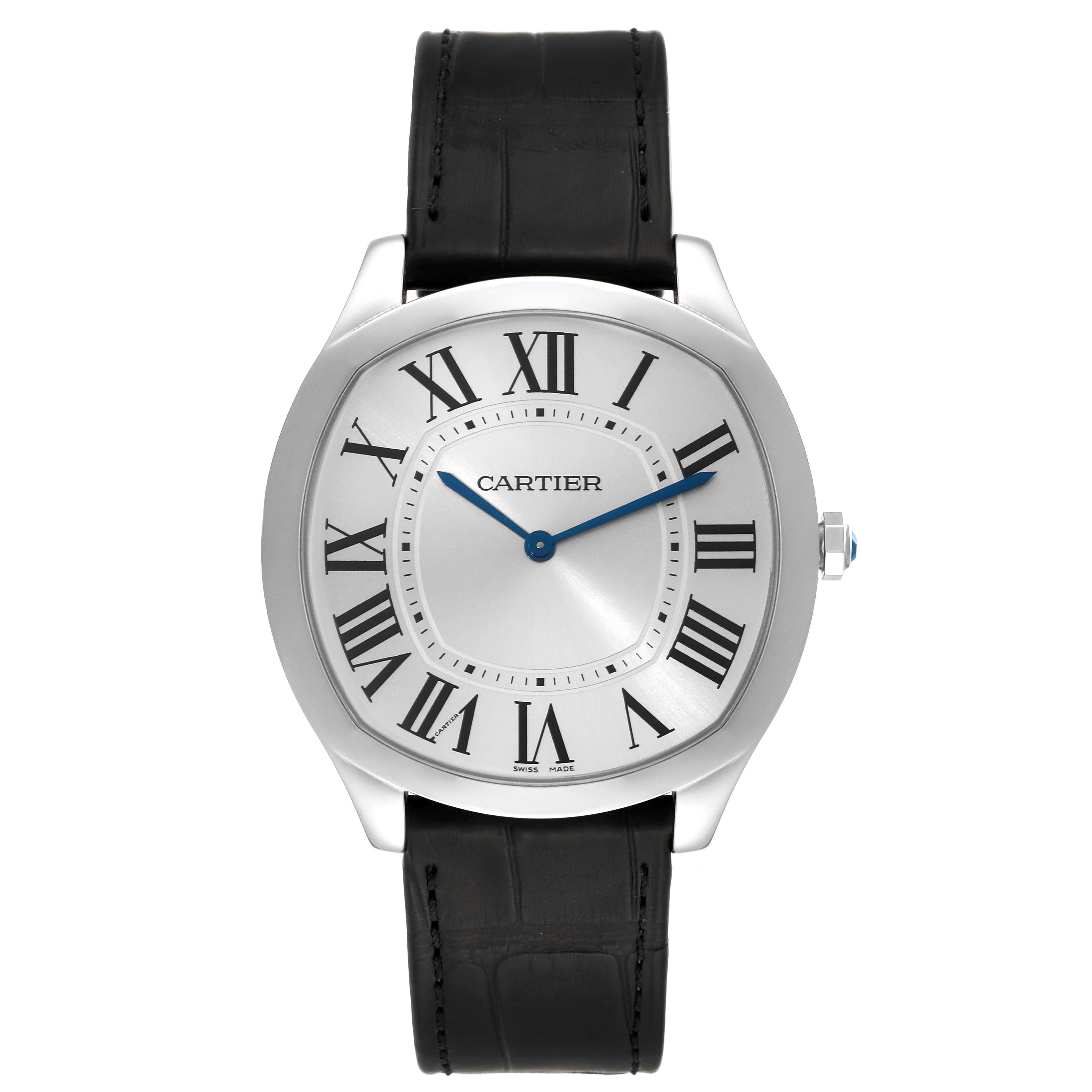 Cartier Drive Extra Flat Steel Mens Watch WSNM0011 Box Papers. Manual winding movement. Cushion-shaped stainless steel case 39mm x 45mm. Octagonal crown with faceted blue spinel. Stainless steel smooth bezel. Scratch resistant sapphire crystal.