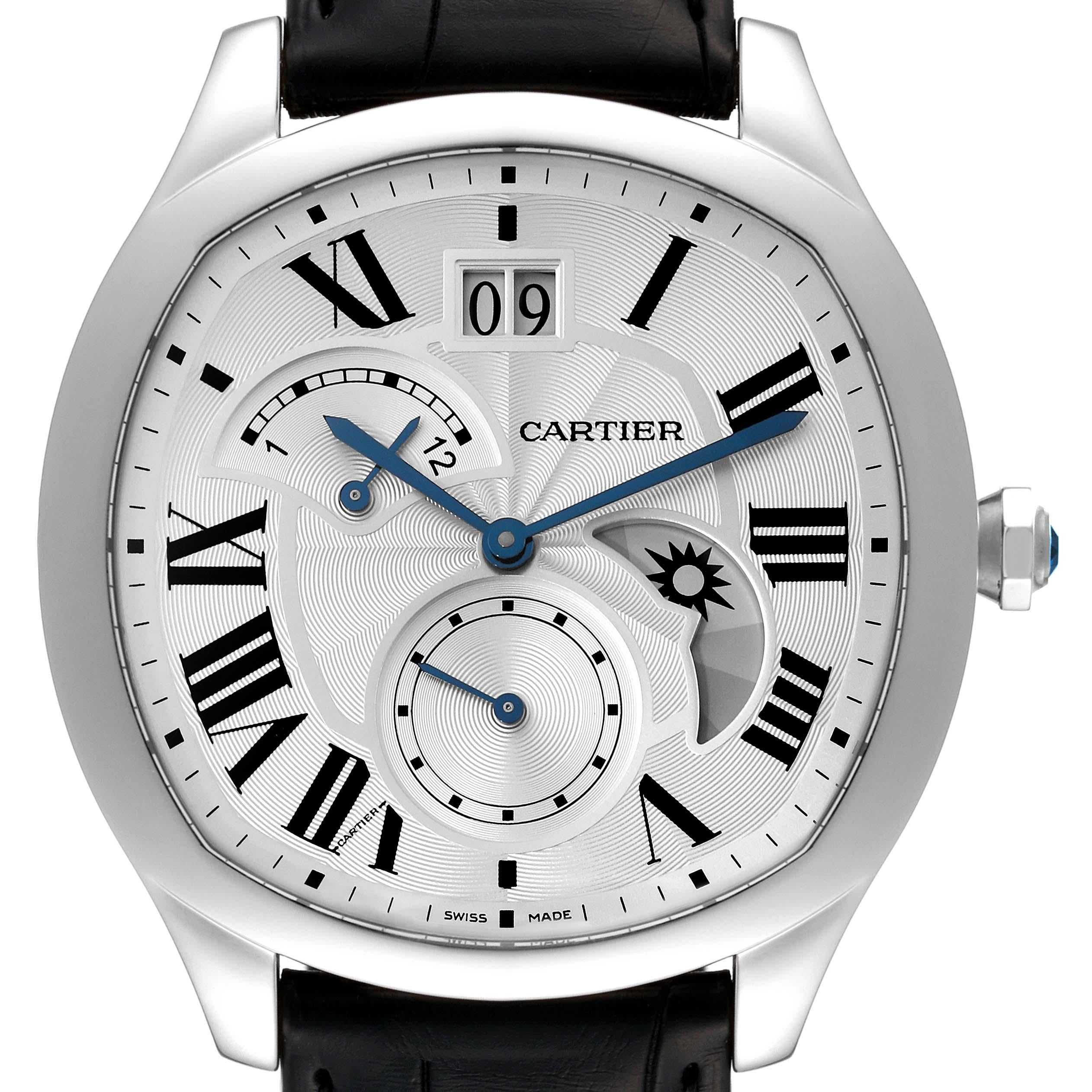 Cartier Drive Retrograde Large Day Night Indicator Steel Mens Watch WSNM0005 Box Papers. Automatic self-winding movement. Cushion-shaped stainless steel case 40.0 mm in diameter. Octagonal crown set with a faceted blue spinel cabochon. Exhibition