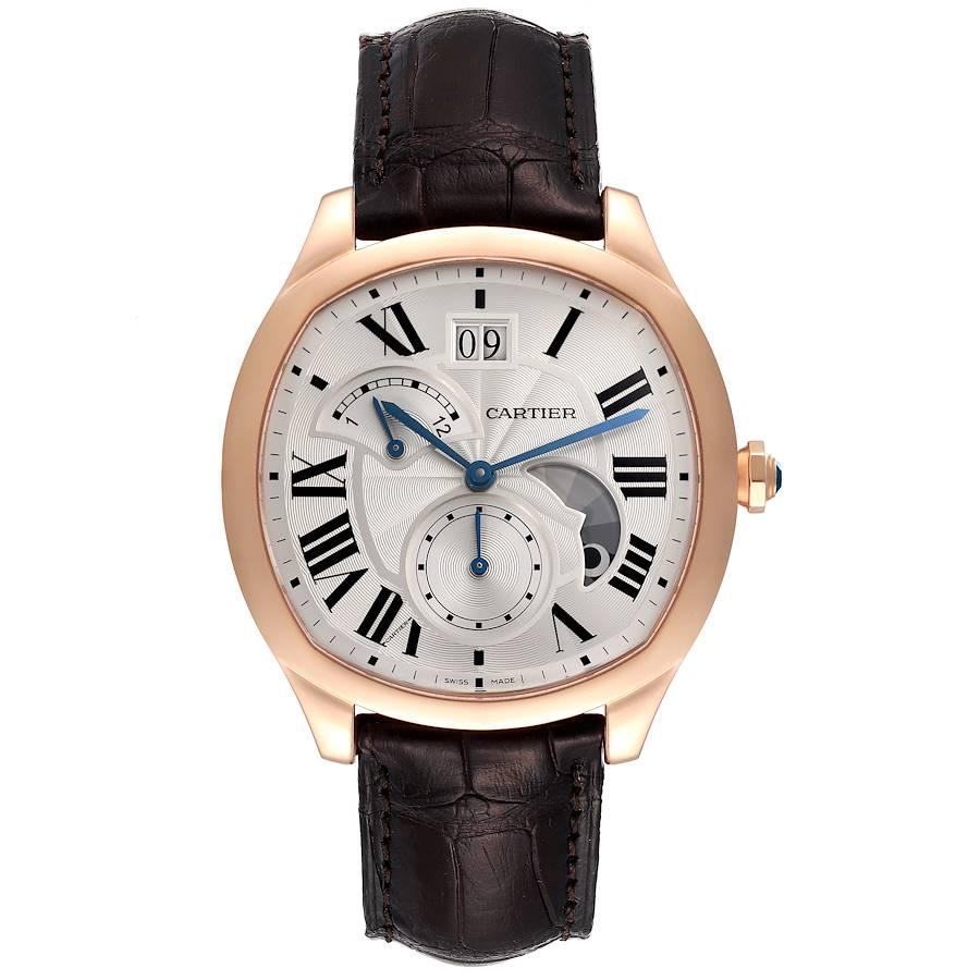 Cartier Drive Retrograde Rose Gold Chronograph Mens Watch WGNM0005 Box Papers. Automatic self-winding movement. Second time zone and day night indicator. Cousion shape 18K rose gold case 40.0 mm in diameter. Crown cover with faceted blue sapphire.