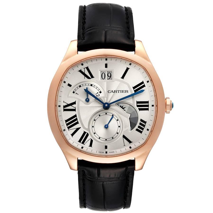 Cartier Drive Retrograde Rose Gold Chronograph Mens Watch WGNM0005. Automatic self-winding movement. Second time zone and day night indicator. Cousion shape 18K rose gold case 40.0 mm in diameter. Crown cover with faceted blue sapphire. Exhibition