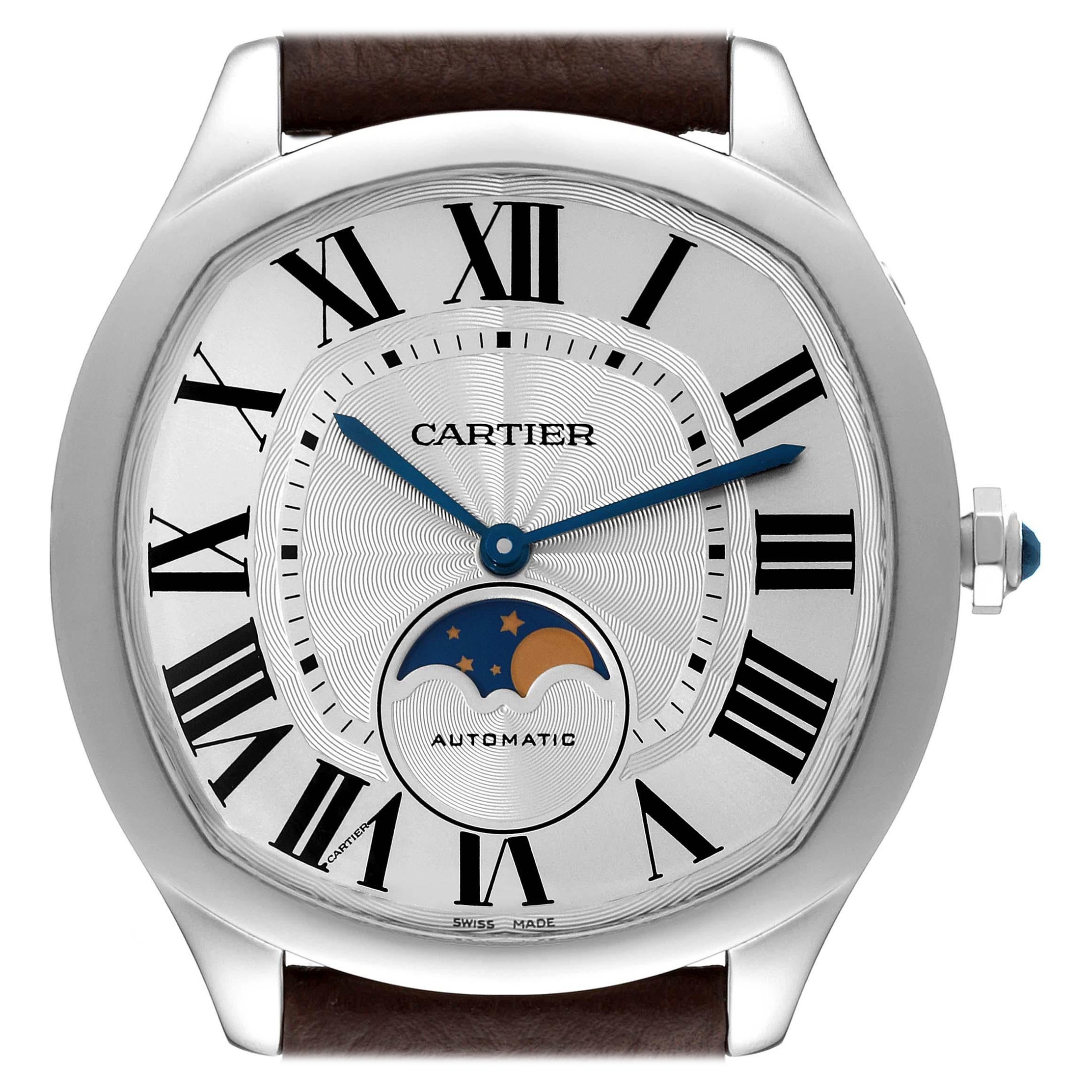 Cartier Drive Quadrante Argento Fasi Lunari in Acciaio Orologio Uomo WSNM0008 Card in vendita