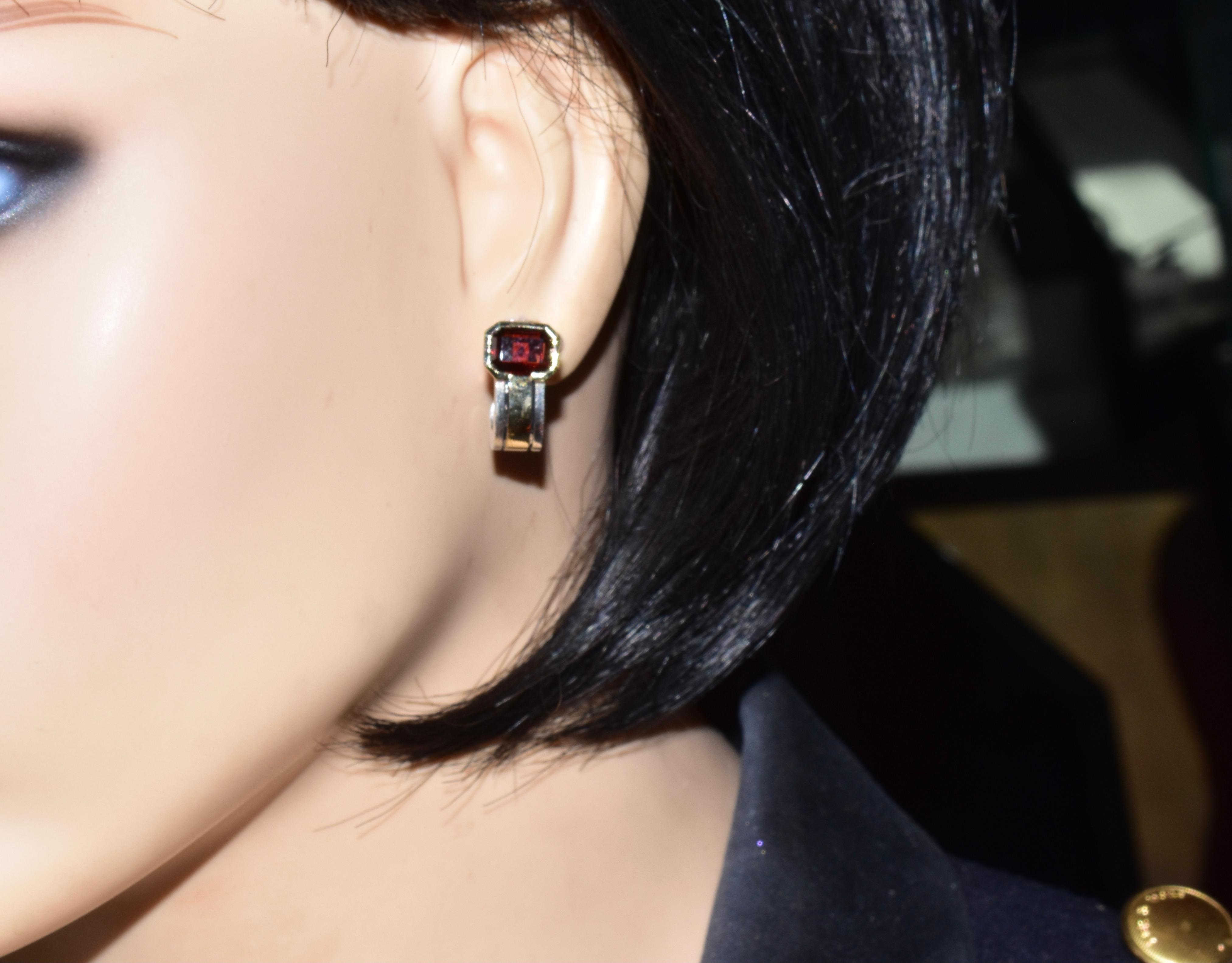 Cartier Earrings in 18 Gold and Sterling Silver Centering Emerald Cut Garnets In Excellent Condition In Aspen, CO
