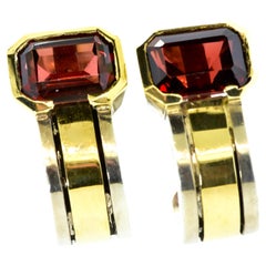 Cartier Earrings in 18 Gold and Sterling Silver Centering Emerald Cut Garnets