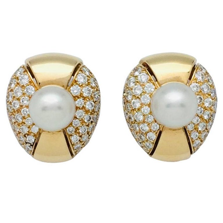 Cartier Earrings, "Jasmin" Collection, Set with Pearls and Diamonds For Sale