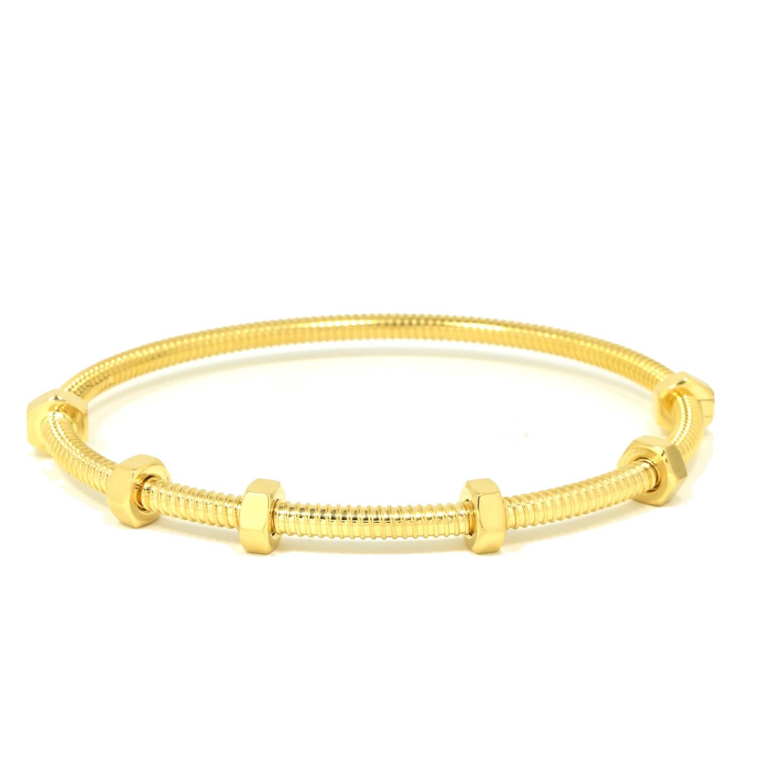 Bracelet Size:  19 = 19 cm

Designer: Cartier

Collection: Ecrou

Style: Bangle/Bracelet

Metal: Yellow  Gold

Metal Purity: 18k

Signature: Cartier

Hallmarks: Cartier; AU750 

Includes:  24  Months Brilliance Jewels Warranty

 Cartier Box