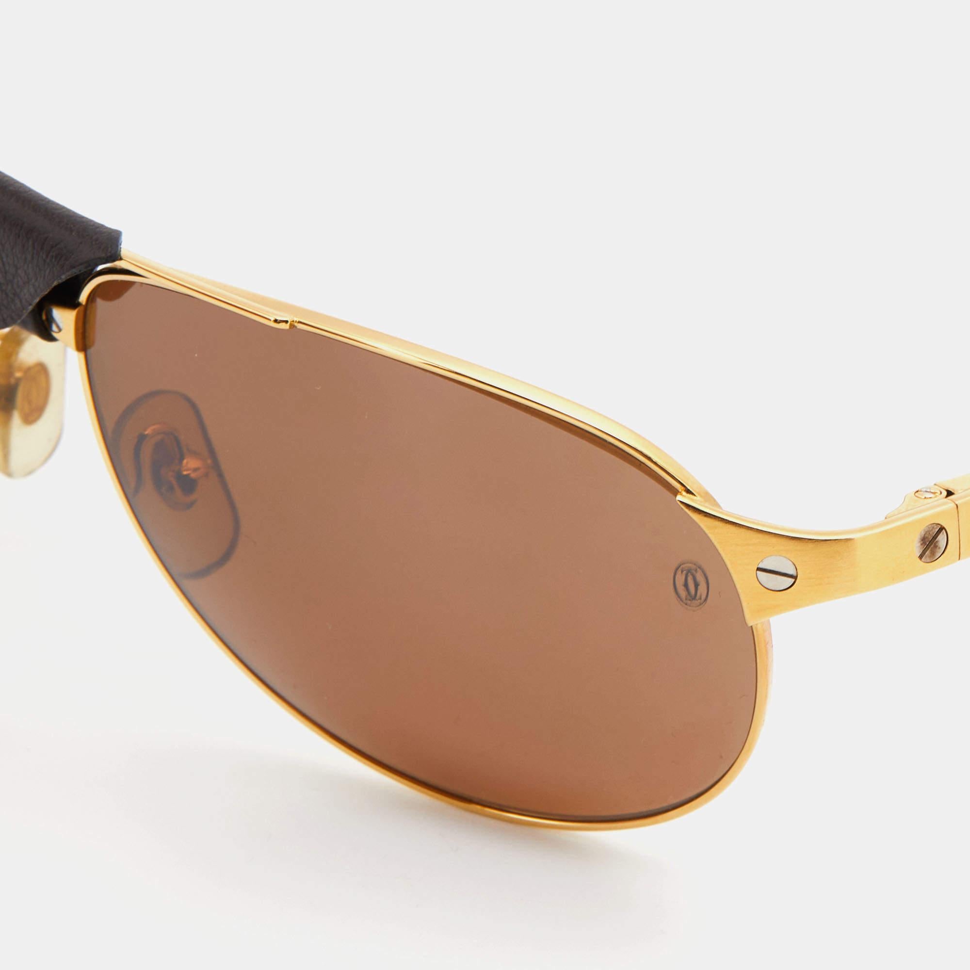 Cartier Edition Santos-Dumont Gold Tone/Brown Leather Detail Aviator Sunglasses In Good Condition In Dubai, Al Qouz 2
