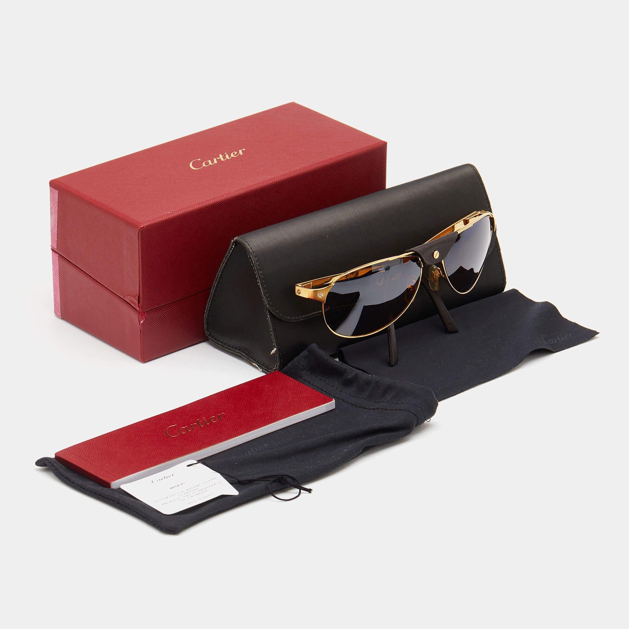 Men's Cartier Edition Santos-Dumont Gold Tone/Brown Leather Detail Aviator Sunglasses
