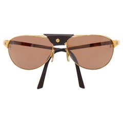 Cartier Edition Santos-Dumont Gold Tone/Brown Leather Detail Aviator Sunglasses