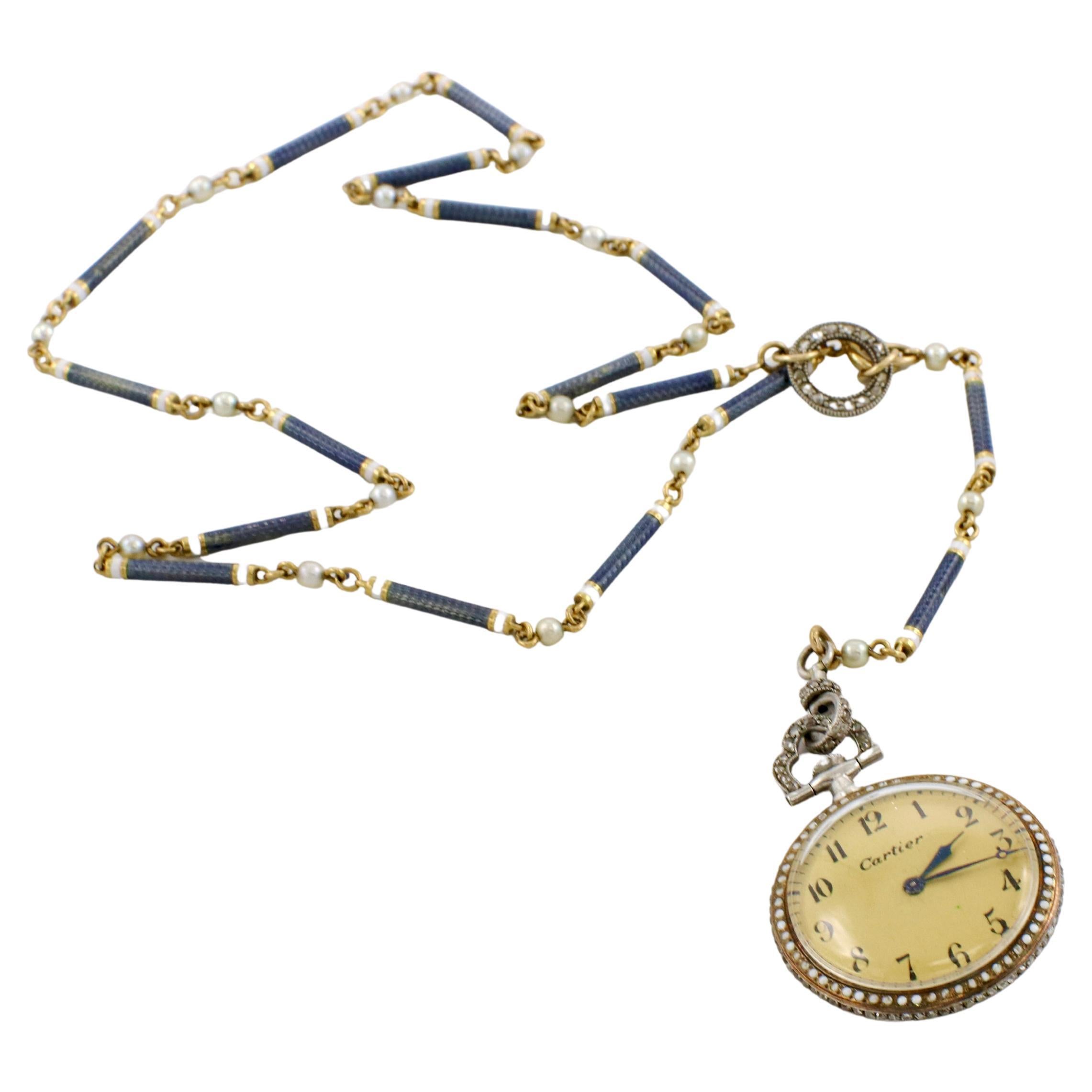 Cartier Edwardian Diamant-Emaille & Perle Tropfen Taschenuhr Anhänger Halskette (Rosenschliff) im Angebot