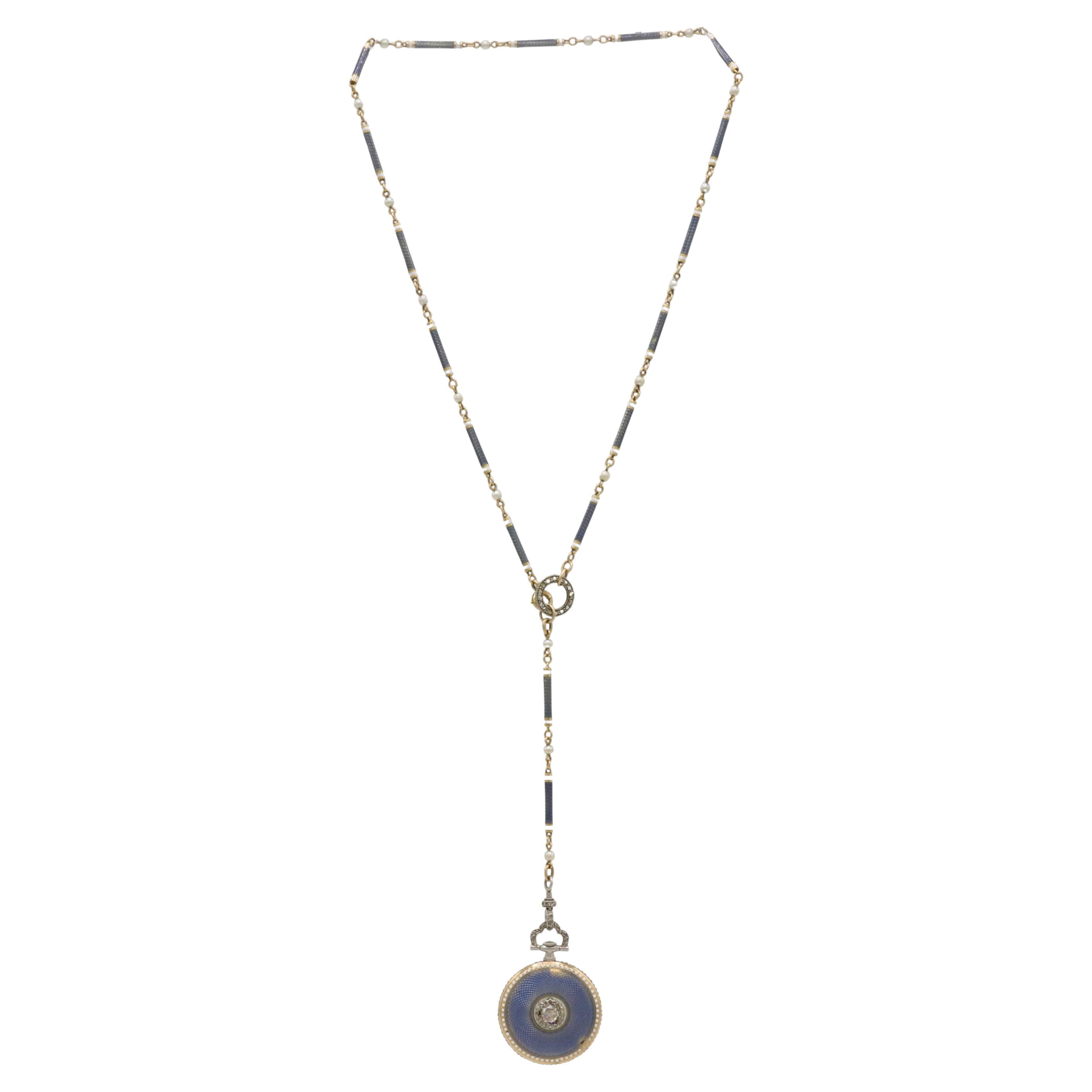 Cartier Edwardian Diamant-Emaille & Perle Tropfen Taschenuhr Anhänger Halskette im Zustand „Gut“ im Angebot in  Baltimore, MD