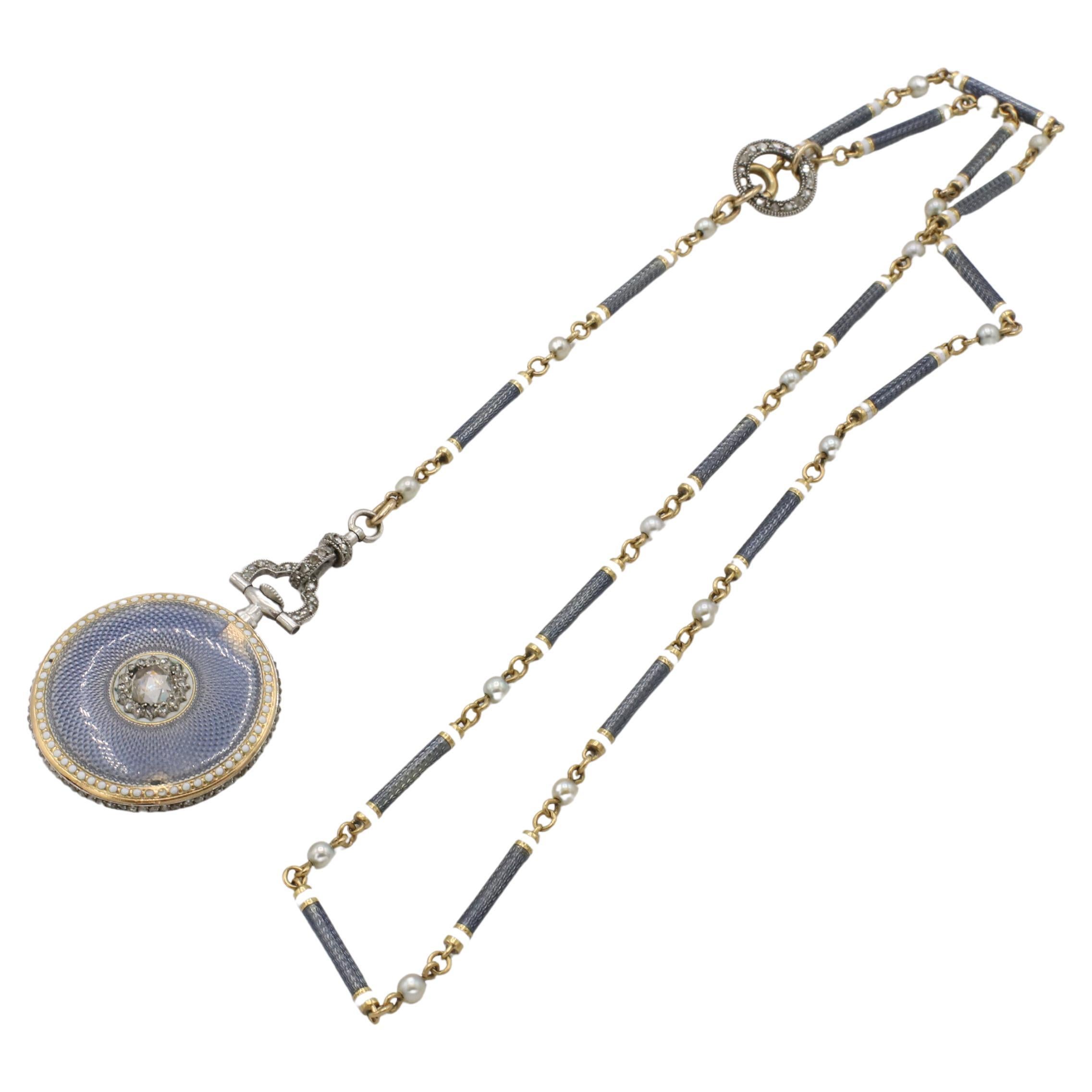 Cartier Edwardian Diamant-Emaille & Perle Tropfen Taschenuhr Anhänger Halskette für Damen oder Herren im Angebot