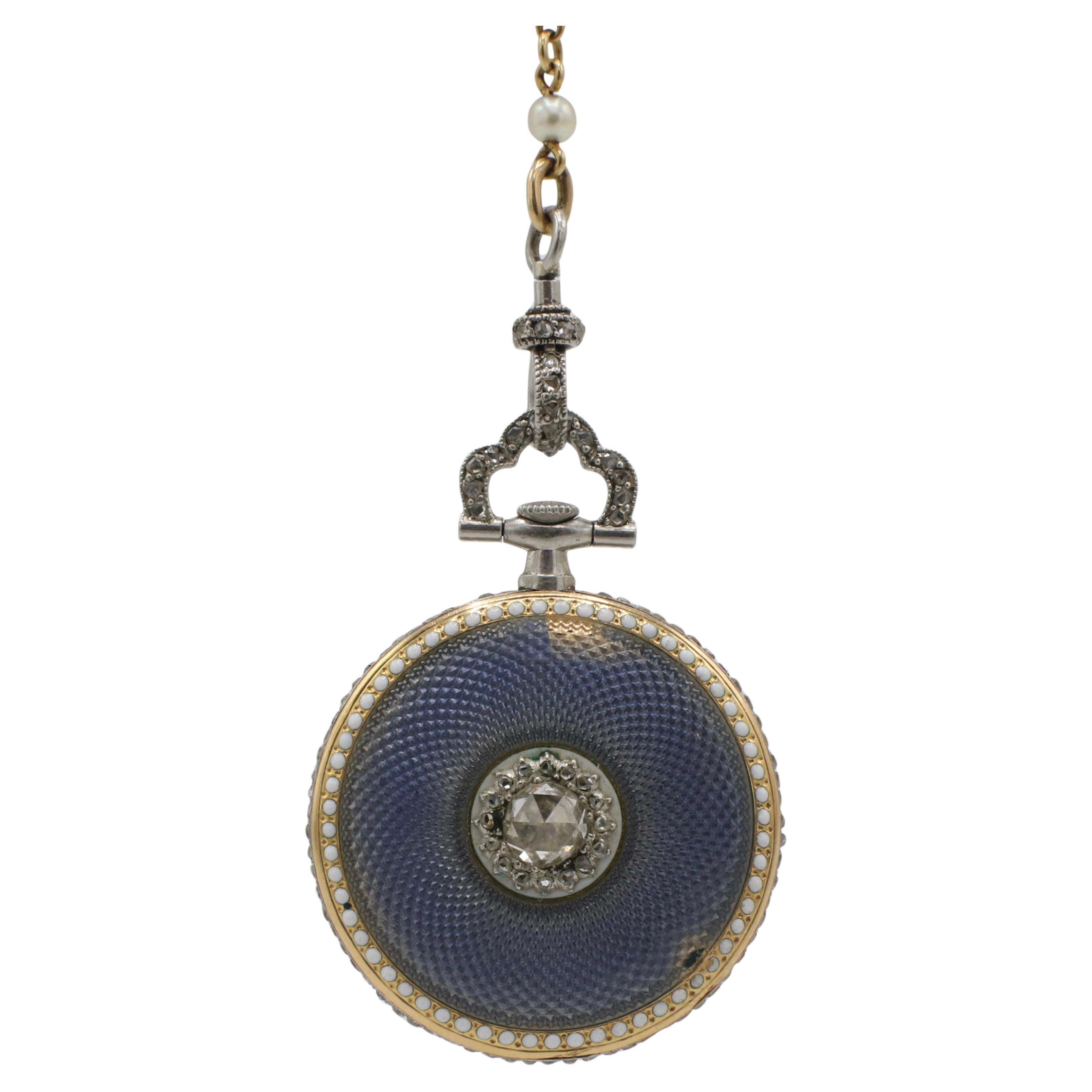 Cartier Edwardian Diamant-Emaille & Perle Tropfen Taschenuhr Anhänger Halskette im Angebot 2