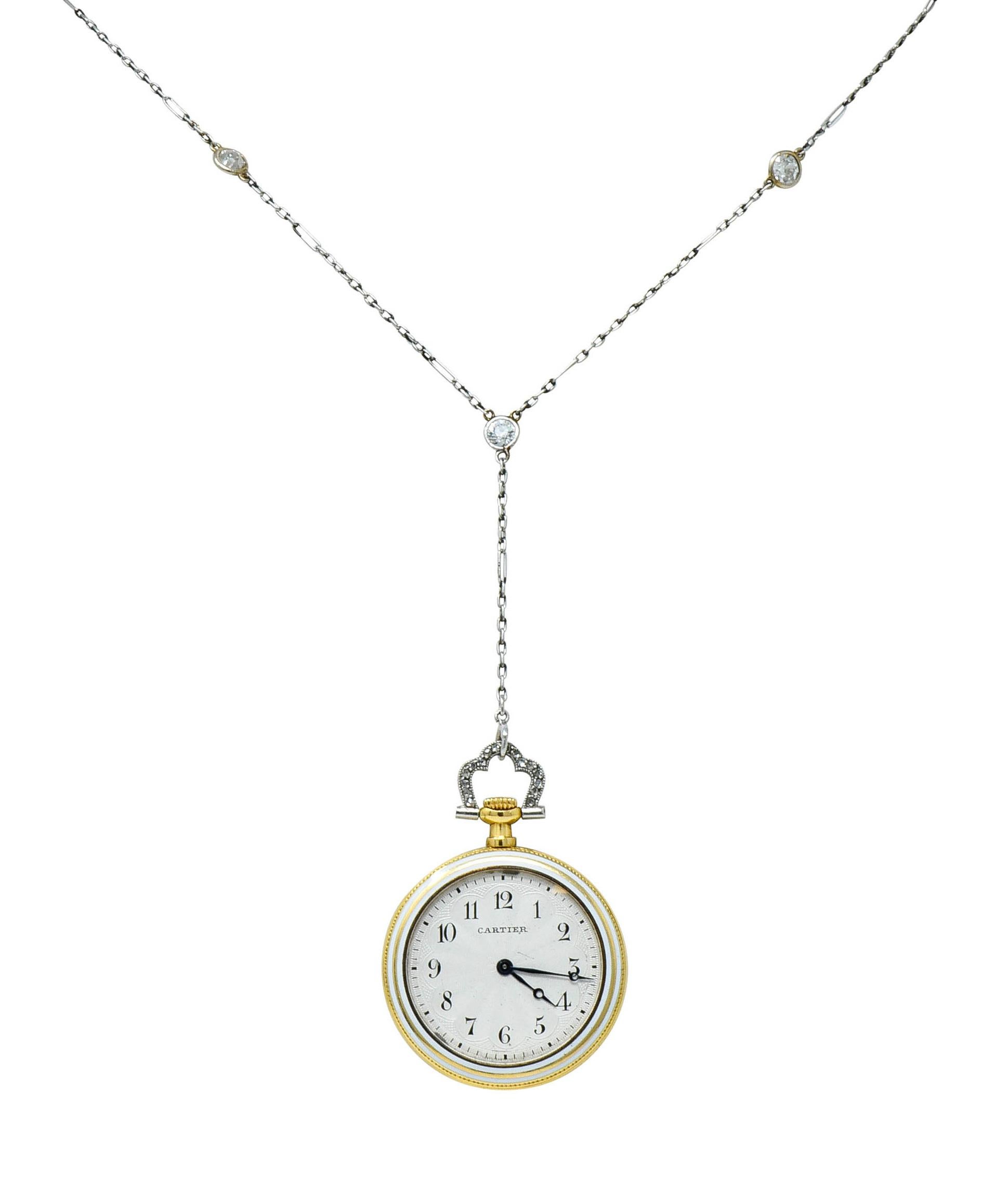 Cartier Edwardian Diamond Enamel Platinum 18 Karat Gold Watch Pendant Necklace In Excellent Condition In Philadelphia, PA