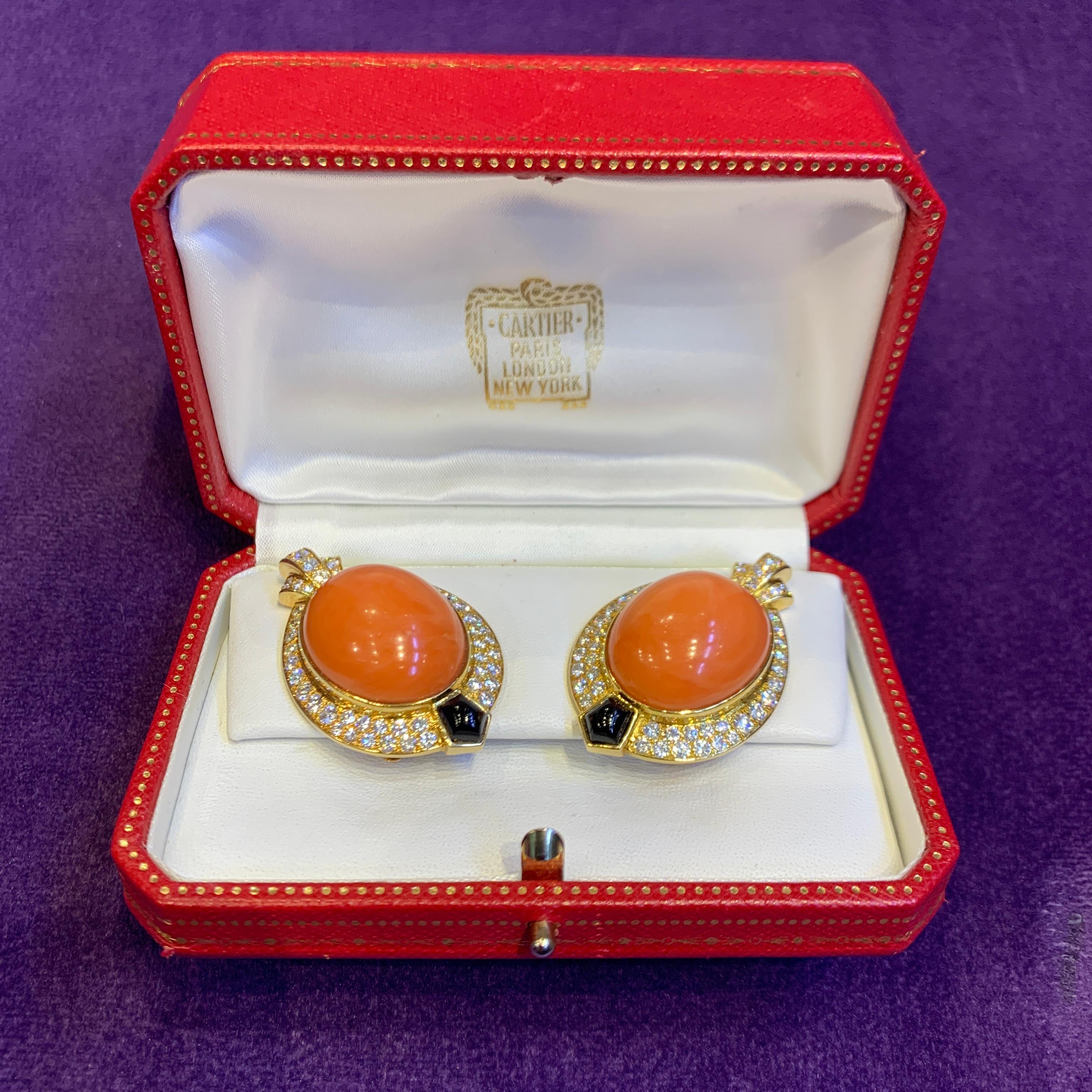 Cartier Egyptian Revival Coral Diamond & Onyx Earrings For Sale 9