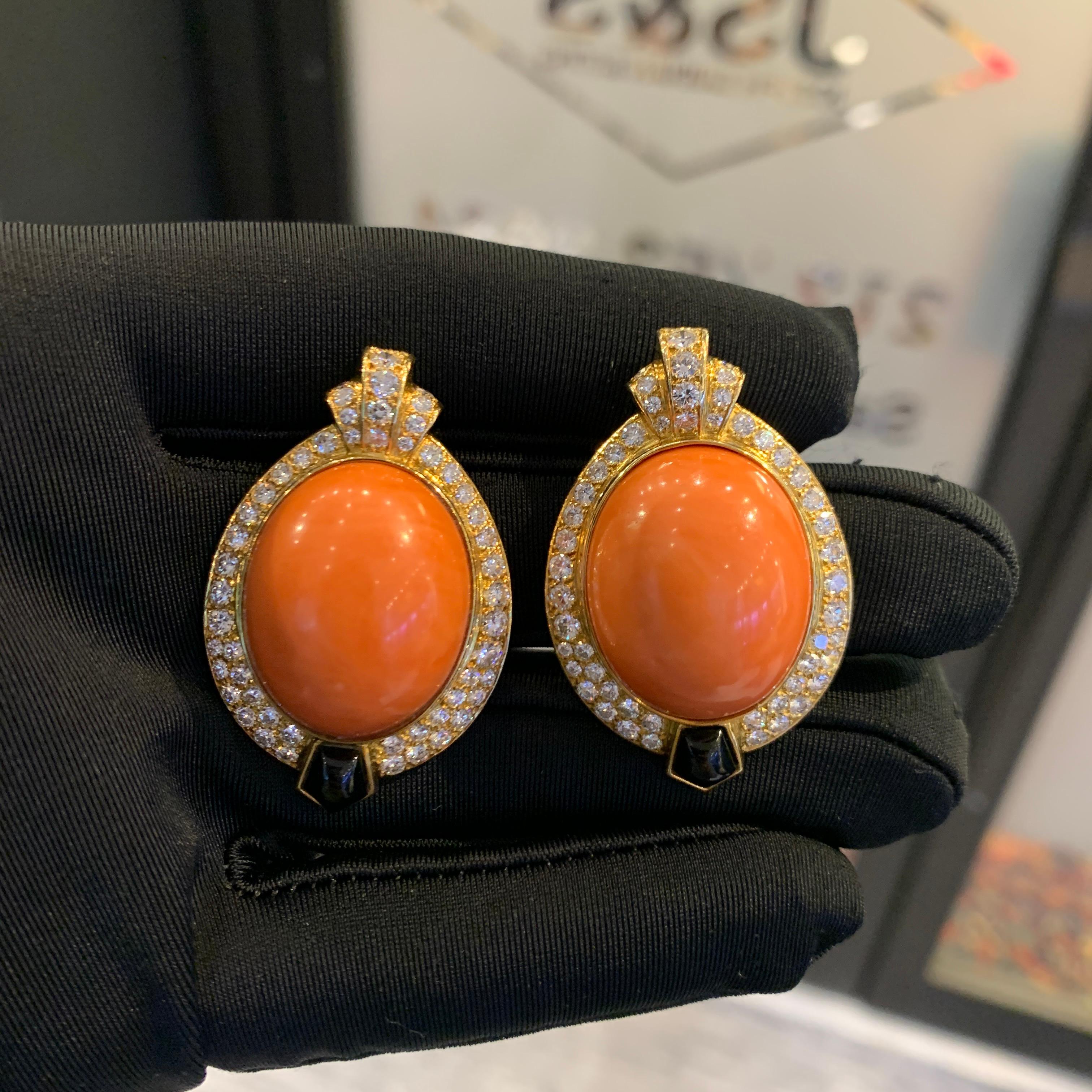 Cartier Egyptian Revival Coral Diamond & Onyx Earrings For Sale 1
