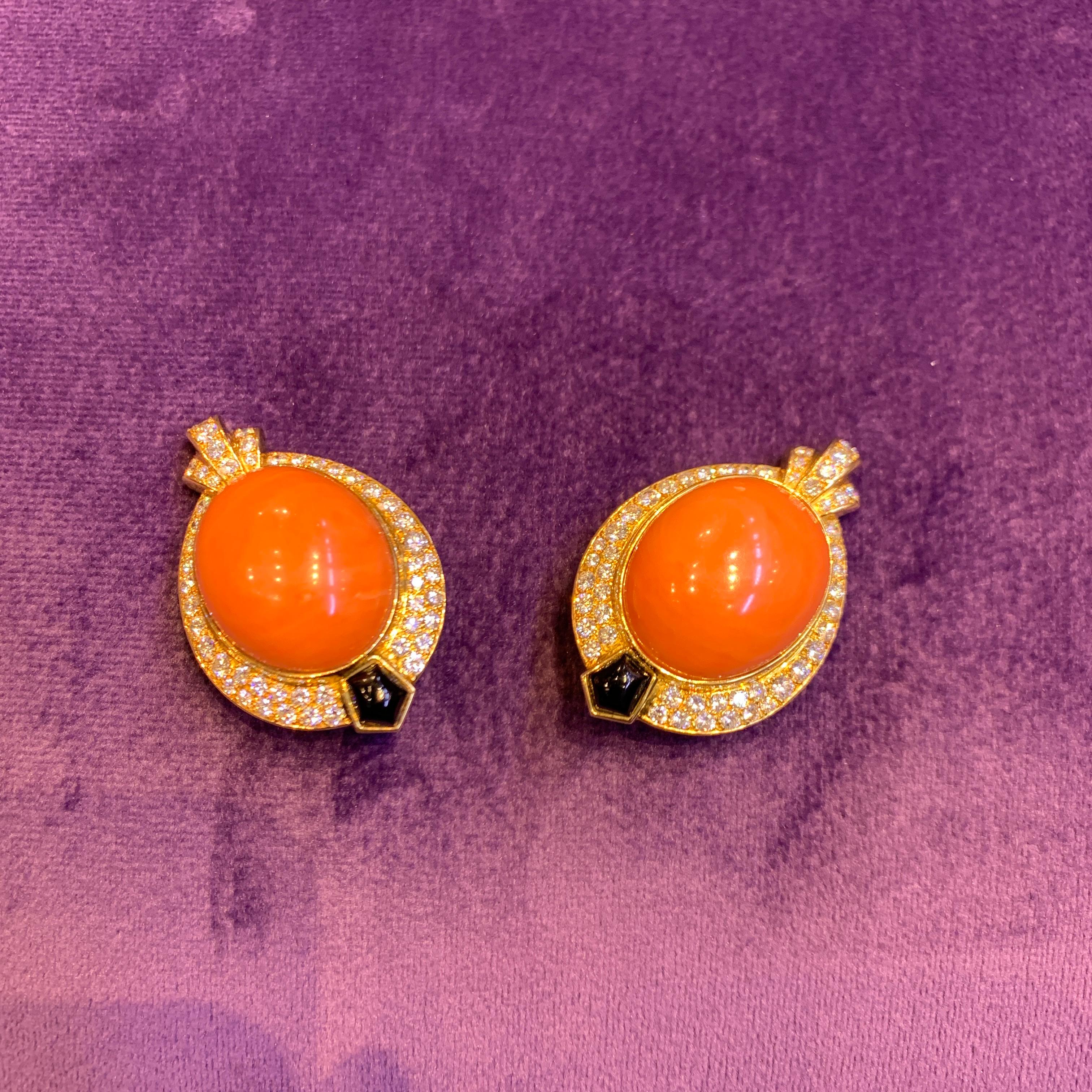 Cartier Egyptian Revival Coral Diamond & Onyx Earrings For Sale 2