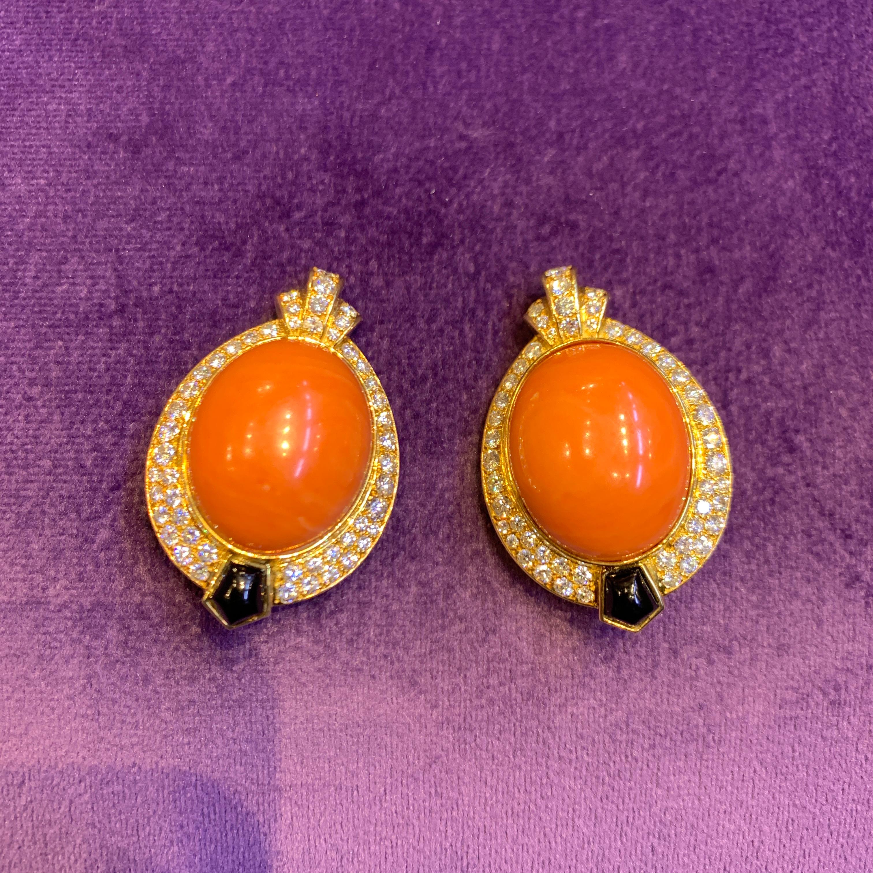 Cartier Egyptian Revival Coral Diamond & Onyx Earrings For Sale 3