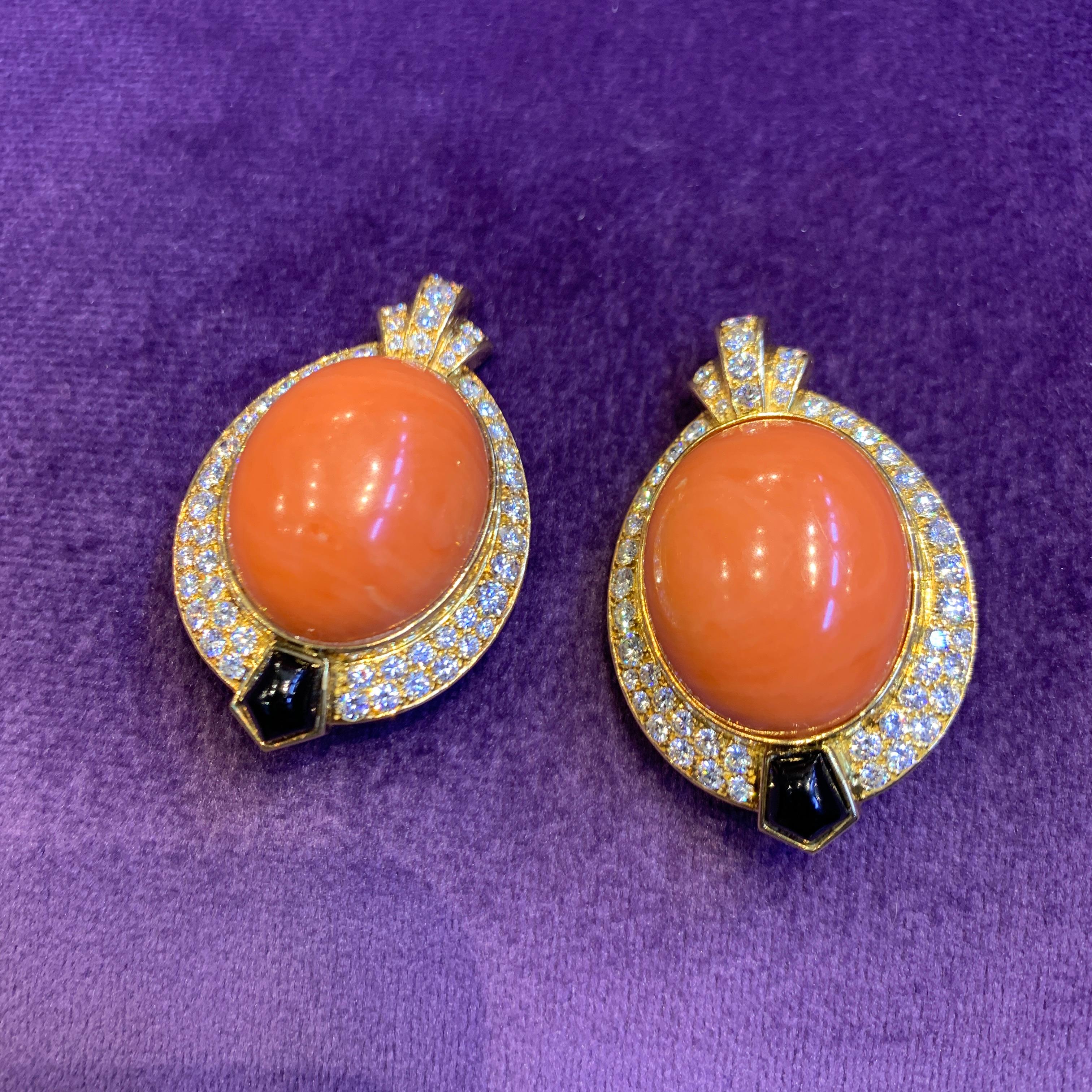 Cartier Egyptian Revival Coral Diamond & Onyx Earrings For Sale 4