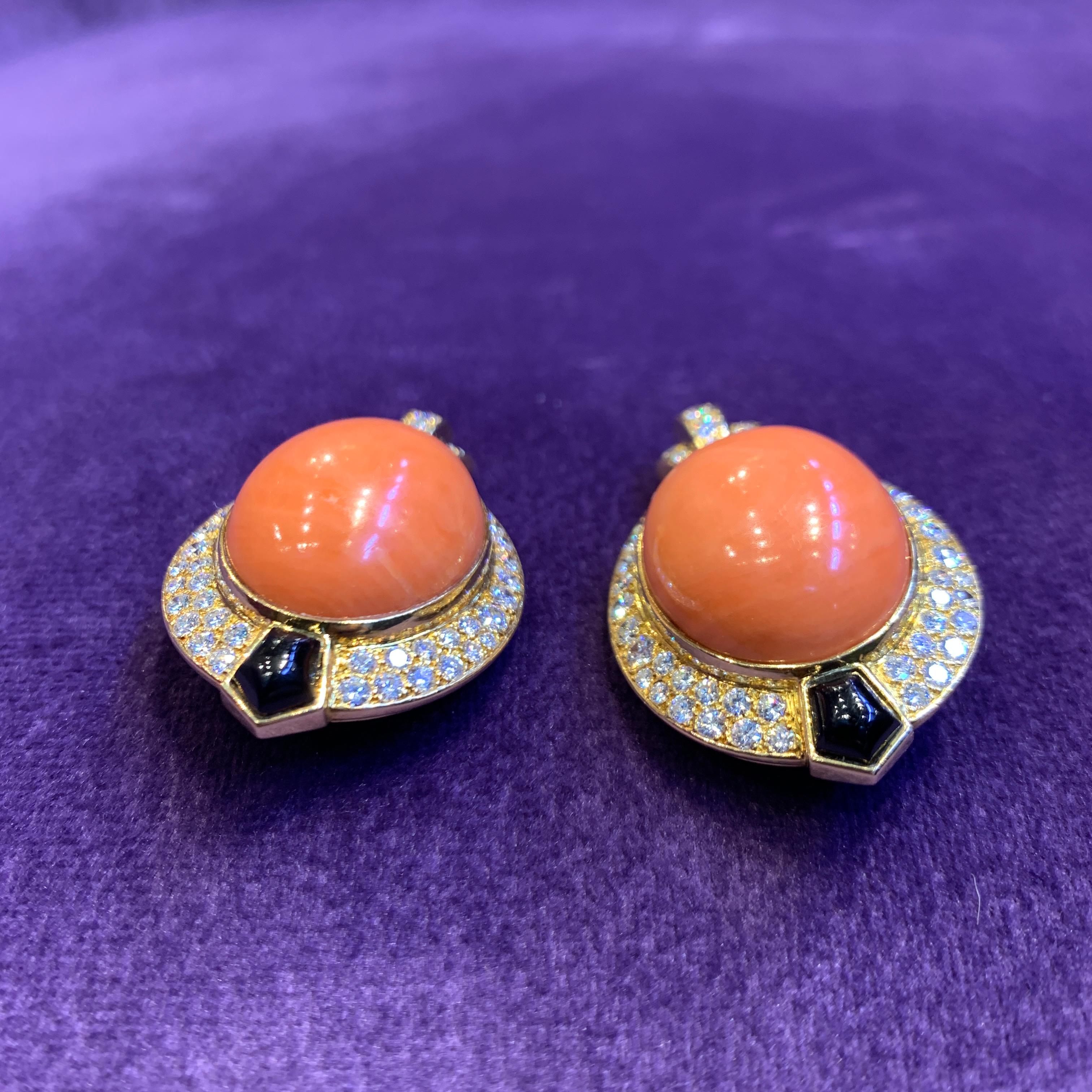 Cartier Egyptian Revival Coral Diamond & Onyx Earrings For Sale 4