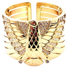 Cartier Egyptian Revival Horus Falcon Diamond Yellow Gold Wide Bangle Bracelet