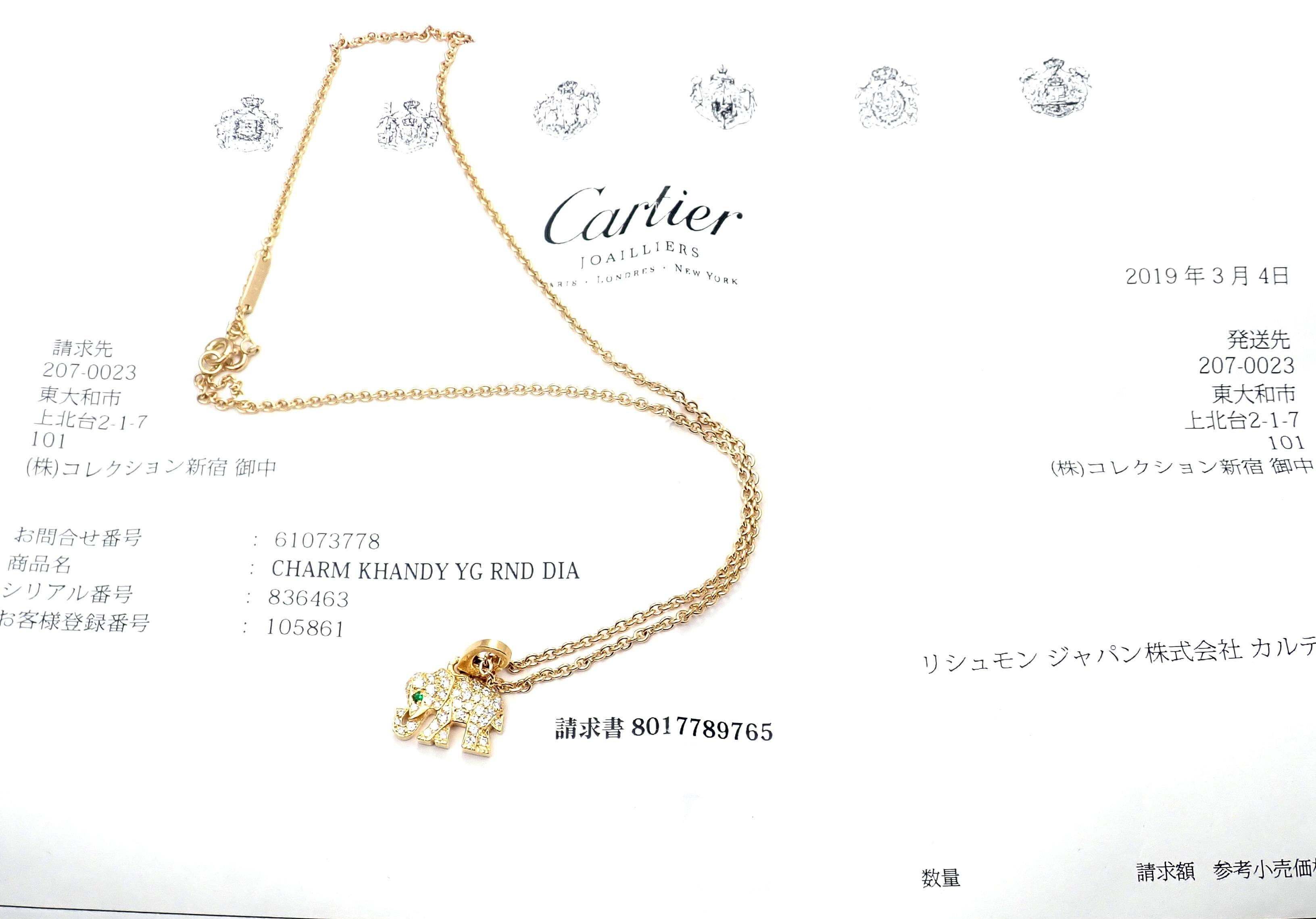 18k Yellow Gold Diamond & Emerald Elephant Pendant Necklace by Cartier. 
With round brilliant cut diamonds, VS1 clarity, G color. Total Diamond Weight: .60ct. One round emerald stone. 
Details: 
Chain Length: 16.5