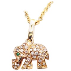 Cartier Elephant Diamond Emerald Yellow Gold Pendant Chain Necklace