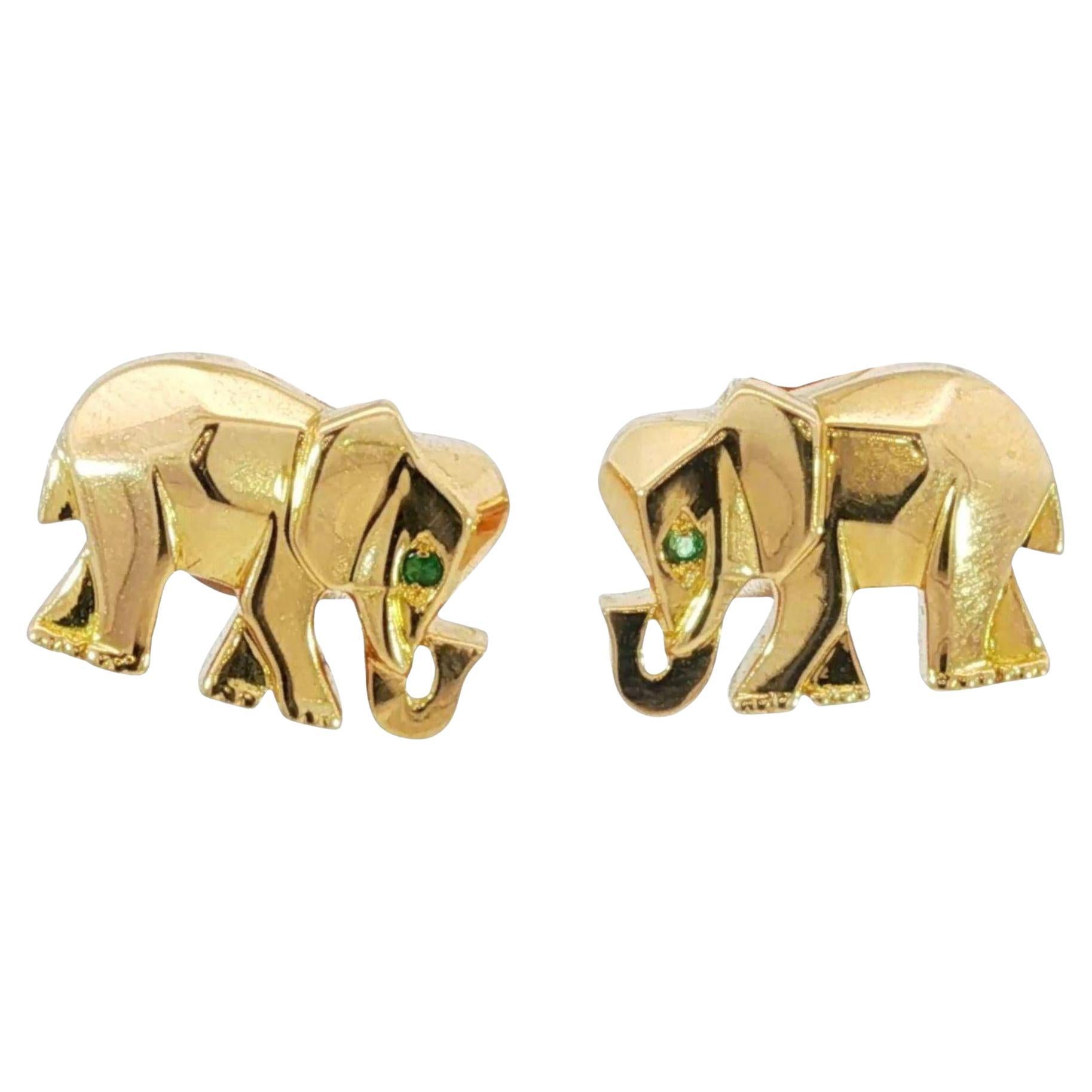 Boucles d'oreilles éléphant Cartier Oeil d'émeraude Or jaune 18K en vente