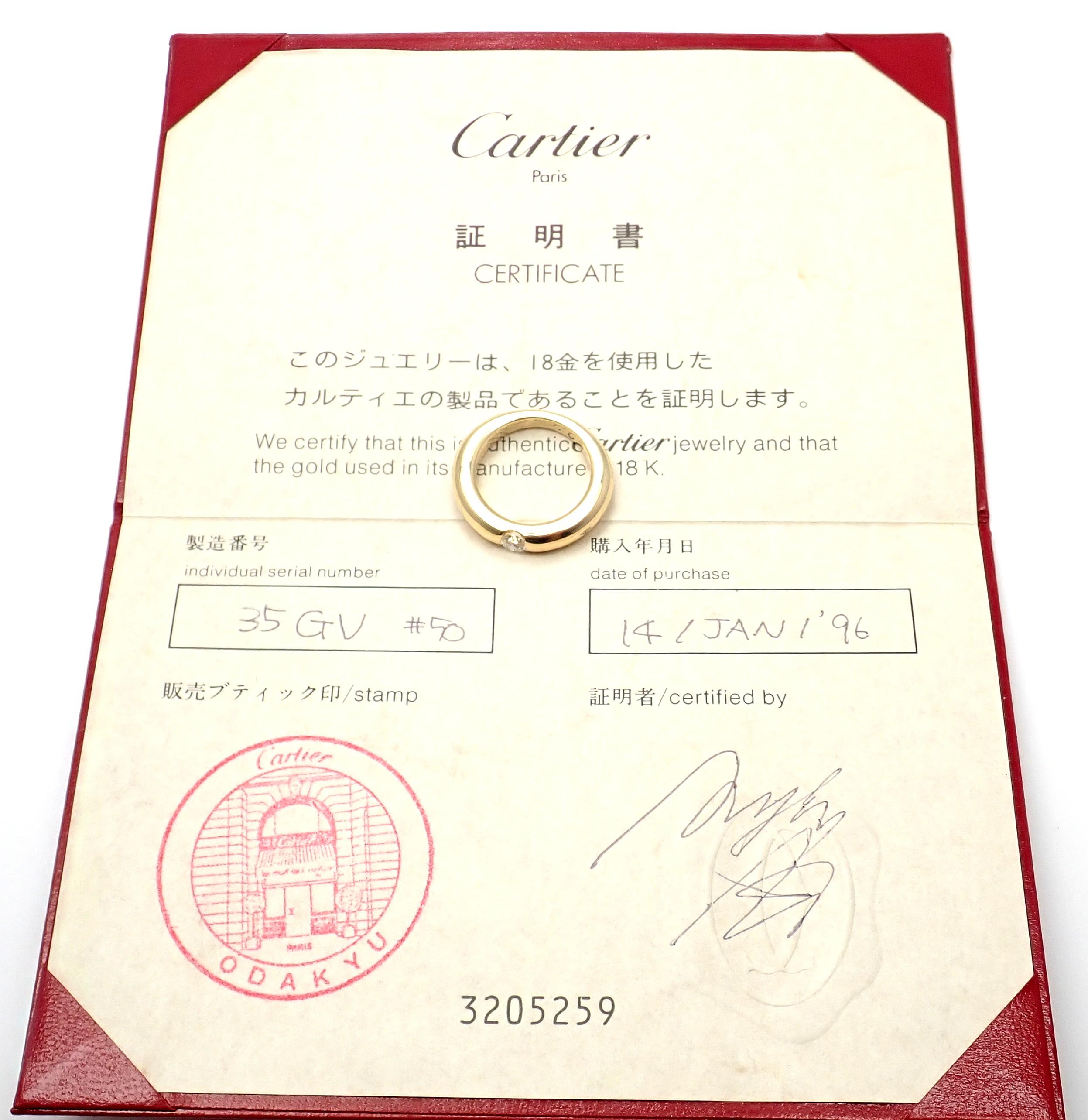 18k Yellow Gold Ellipse Diamond Band Ring by Cartier.
With 11 round brilliant cut diamond VS1 clarity, G color total weight approx..25ct
This ring comes with Cartier certificate of authenticity.
Details:
Width: 4mm
Weight: 9.3 grams
Ring Size: