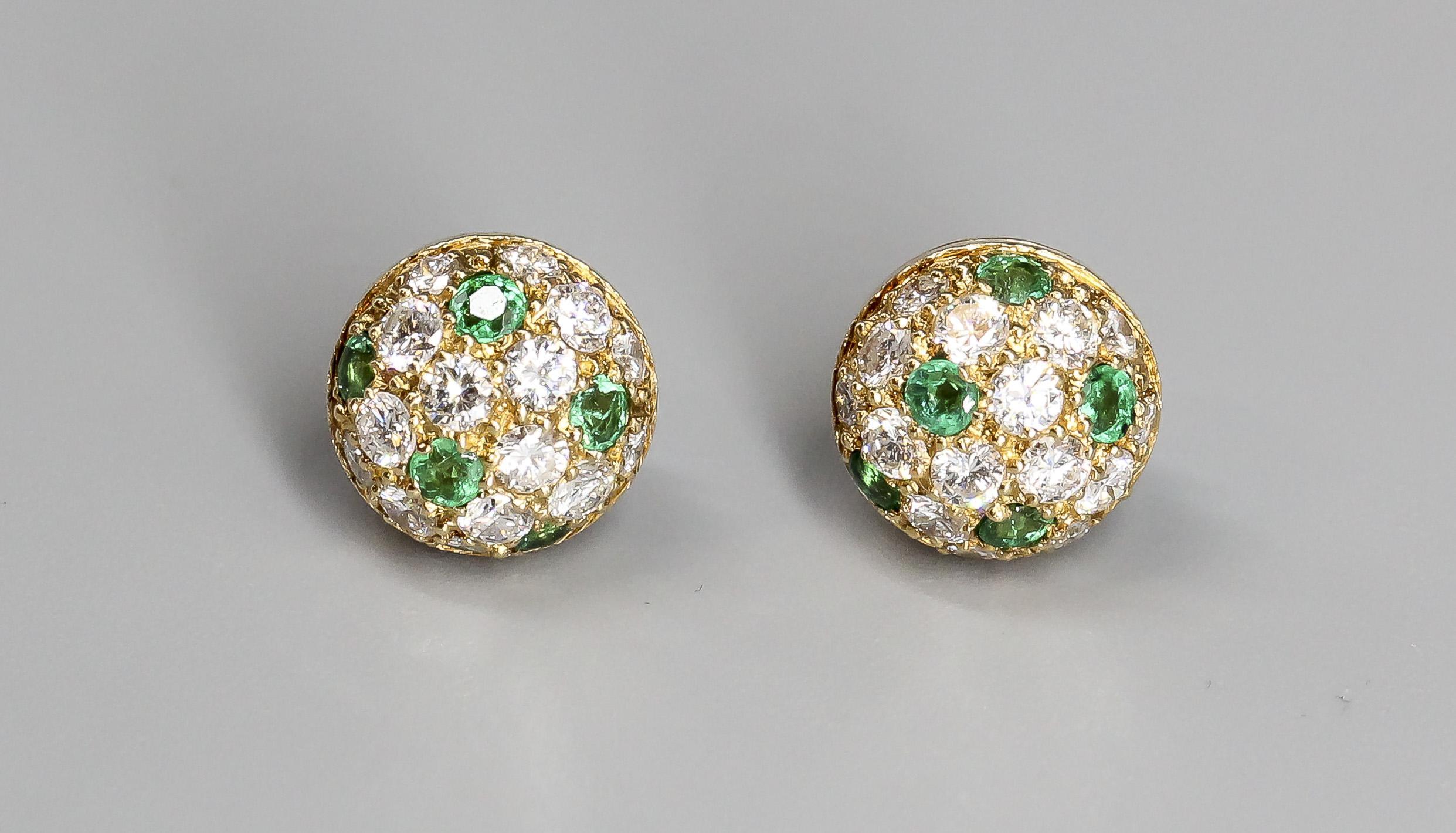 Brilliant Cut Cartier Emerald and  Diamond 18K Gold Petite Dome Earrings