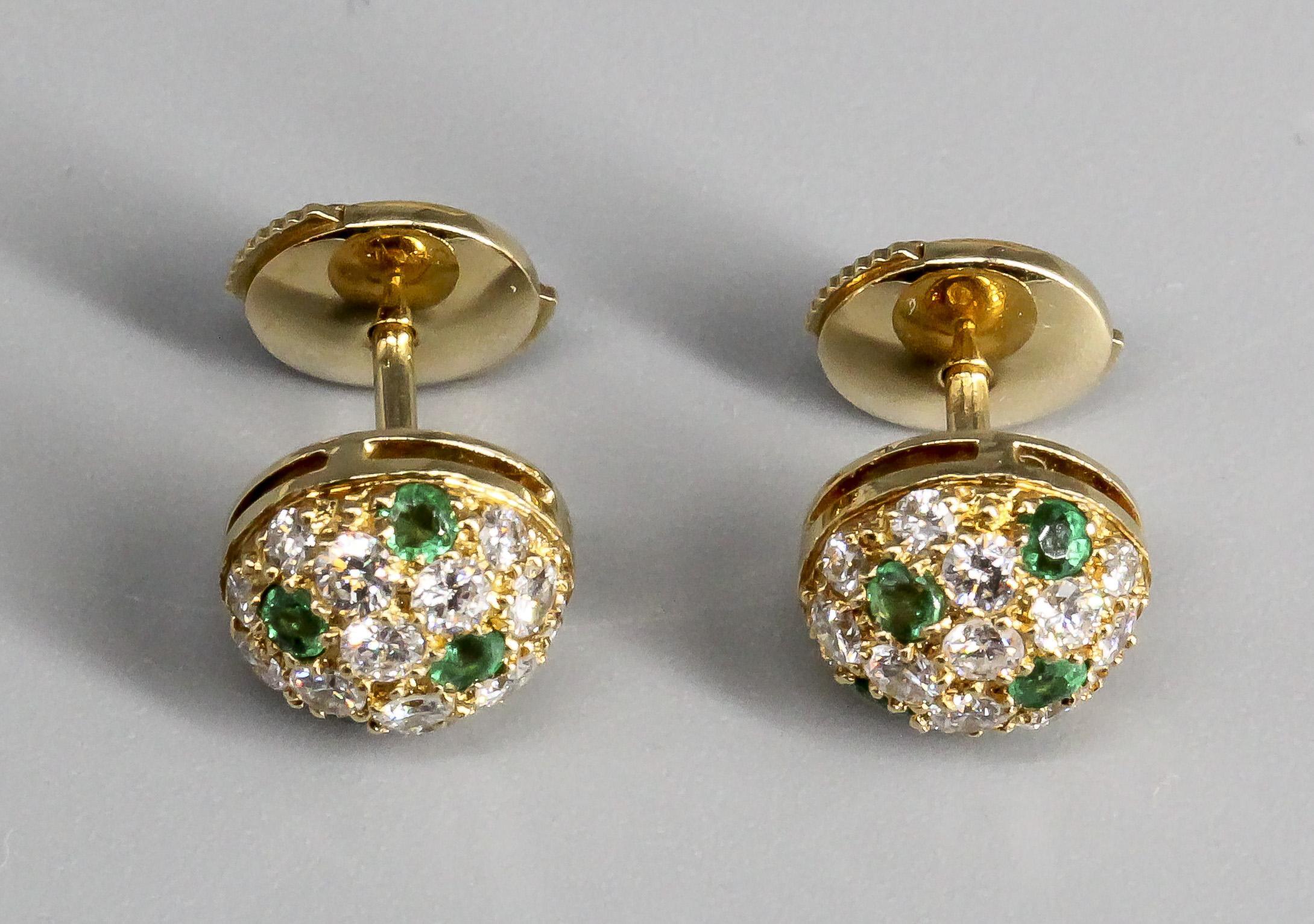 Cartier Emerald and  Diamond 18K Gold Petite Dome Earrings In Good Condition In Bellmore, NY