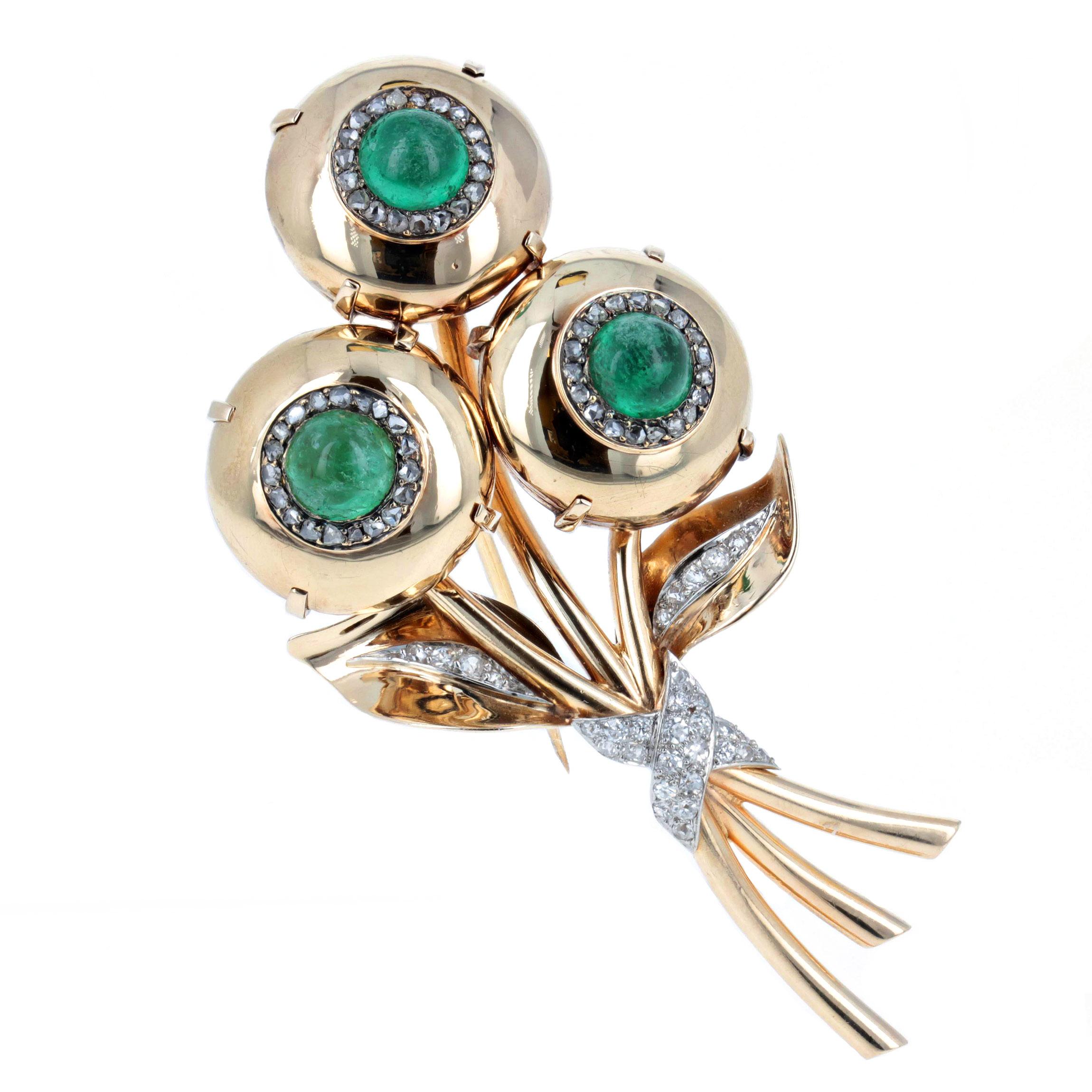 Cartier Emerald Diamond Bouquet Gold Brooch