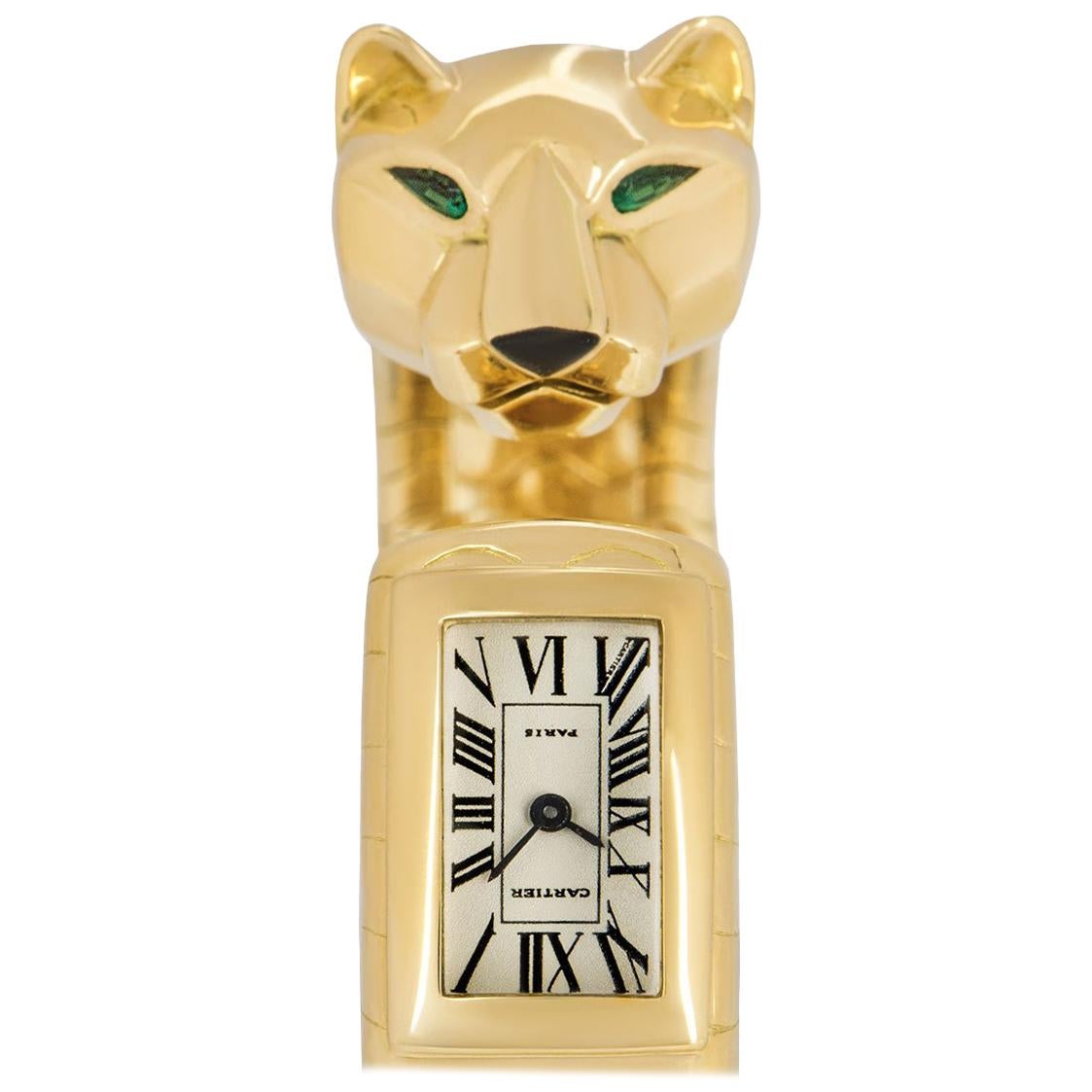 Cartier Emerald and Onyx Panther Lakard Cuff Bangle Watch