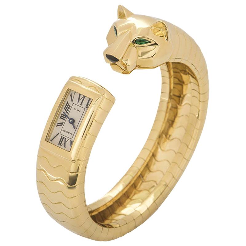 Cartier Emerald and Onyx Panthere Lakard Cuff Bangle Watch
