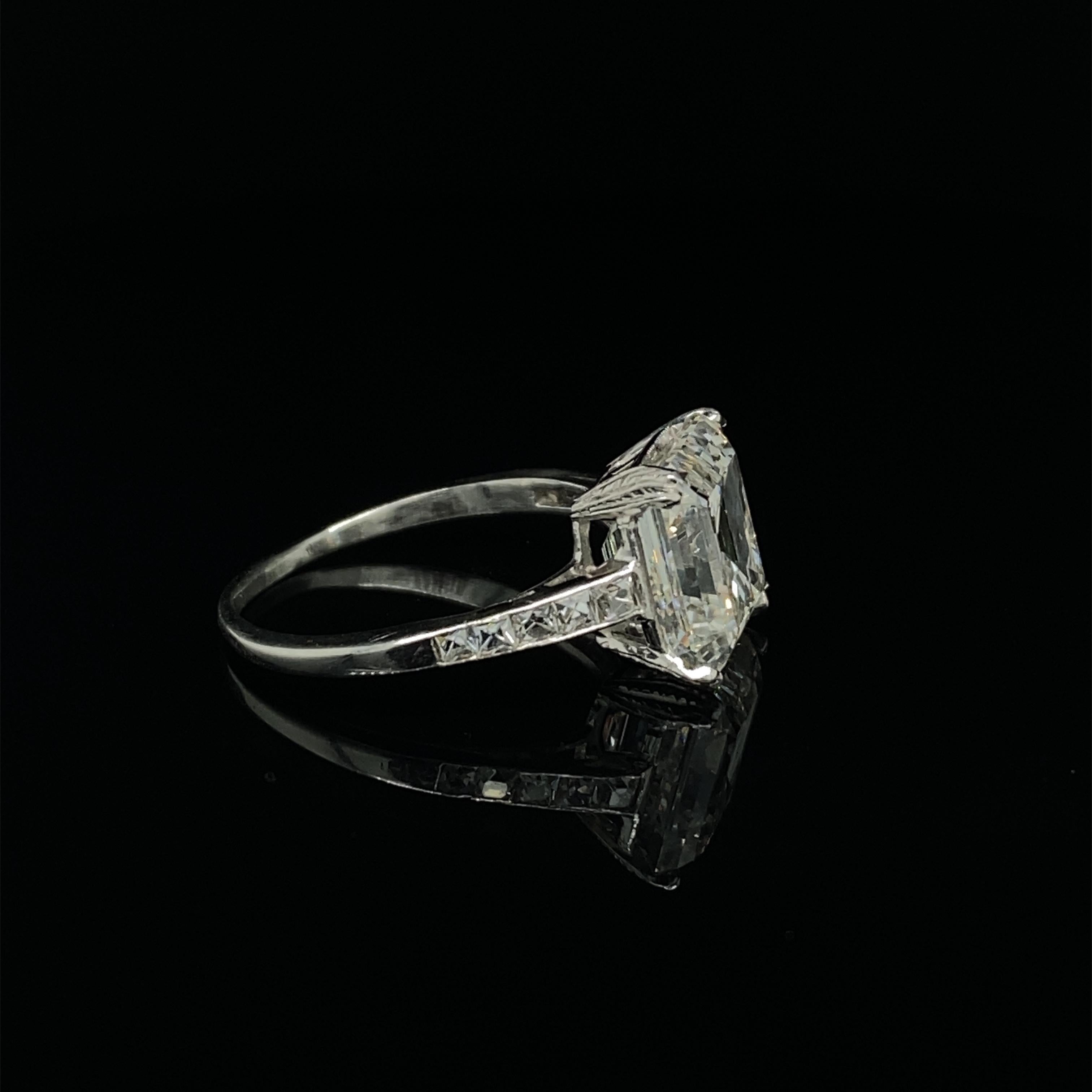 Asscher Cut Cartier Art Deco Emerald Cut Diamond Platinum Engagement Ring, 4.39 Carat