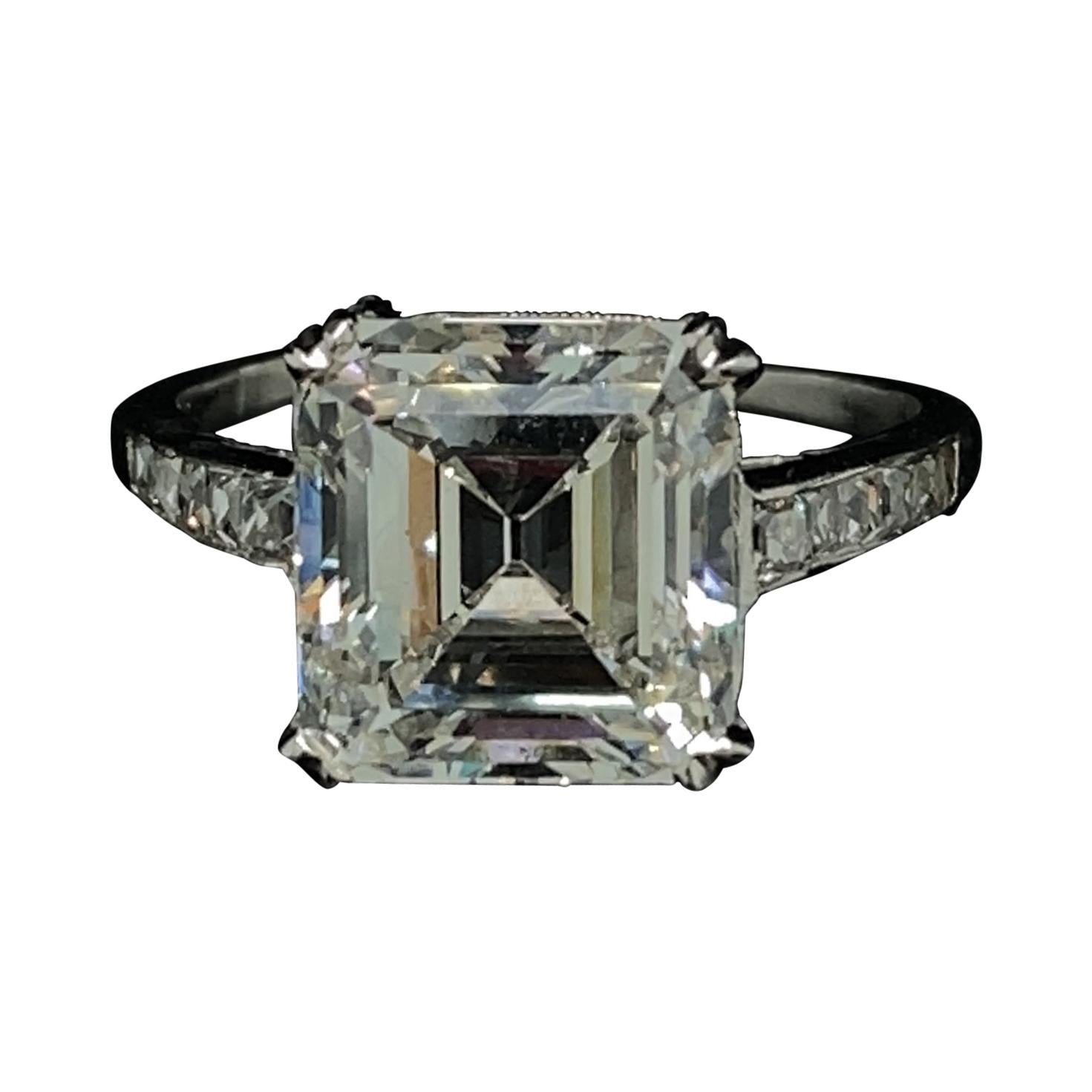 Cartier Art Deco Emerald Cut Diamond Platinum Engagement Ring, 4.39 Carat