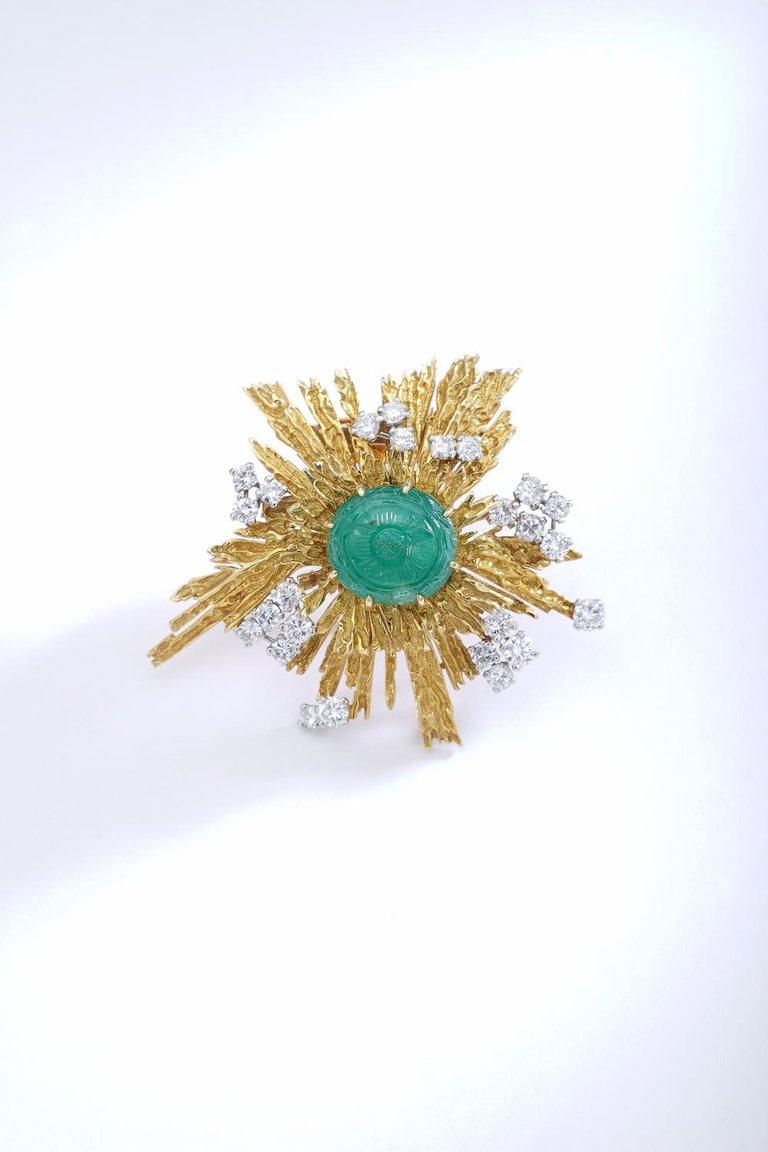 Aesthetic Movement Cartier Emerald Diamond Yellow Gold Brooch, 1960s