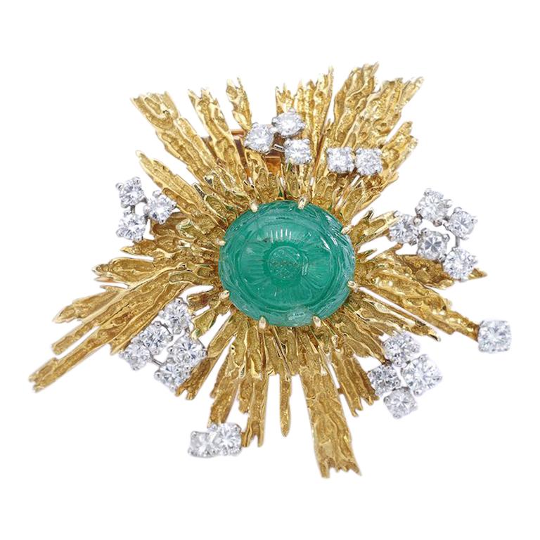Cartier Emerald Diamond Yellow Gold Brooch, 1960s