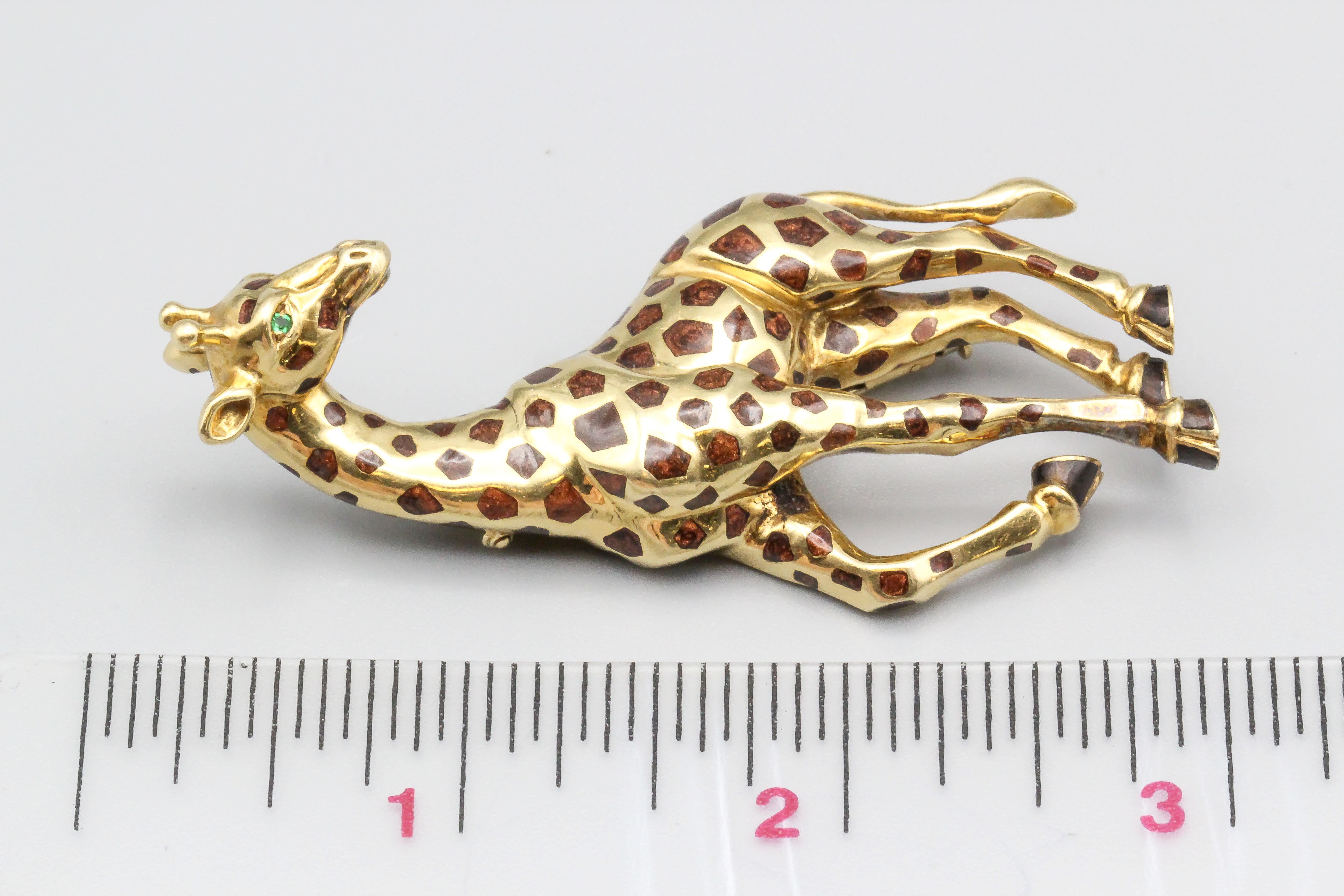 Women's Cartier Emerald Enamel 18 Karat Gold Giraffe Brooch
