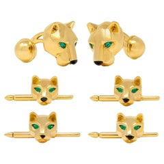 Cartier Emerald Onyx 18 Karat Yellow Gold Panther Cufflinks & Shirt Stud Set