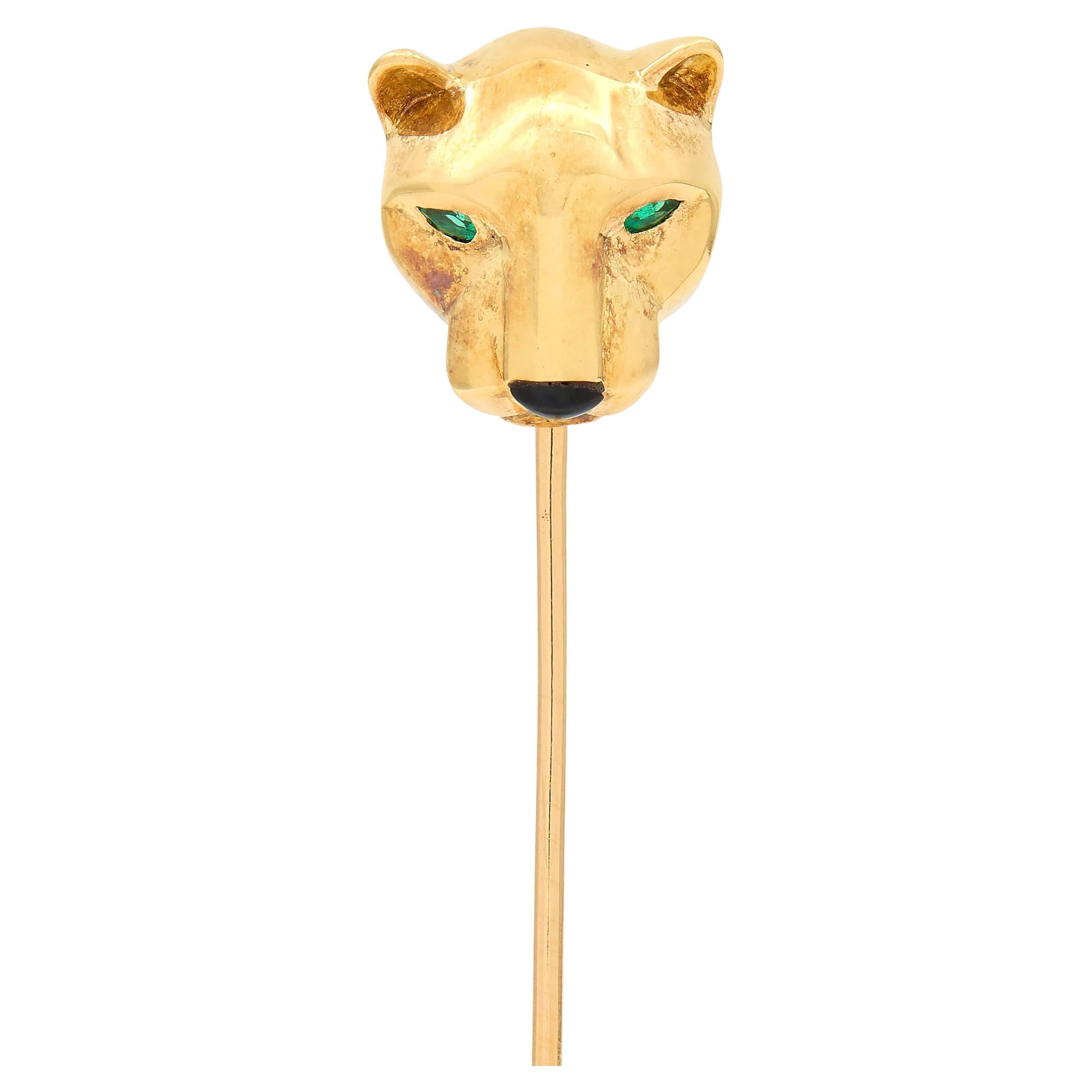 Alfiler de oro amarillo de 18 quilates con forma de pantera Cartier Emerald Onyx en venta