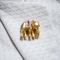Cartier Emerald Ruby Diamond Gold Elephant Brooch